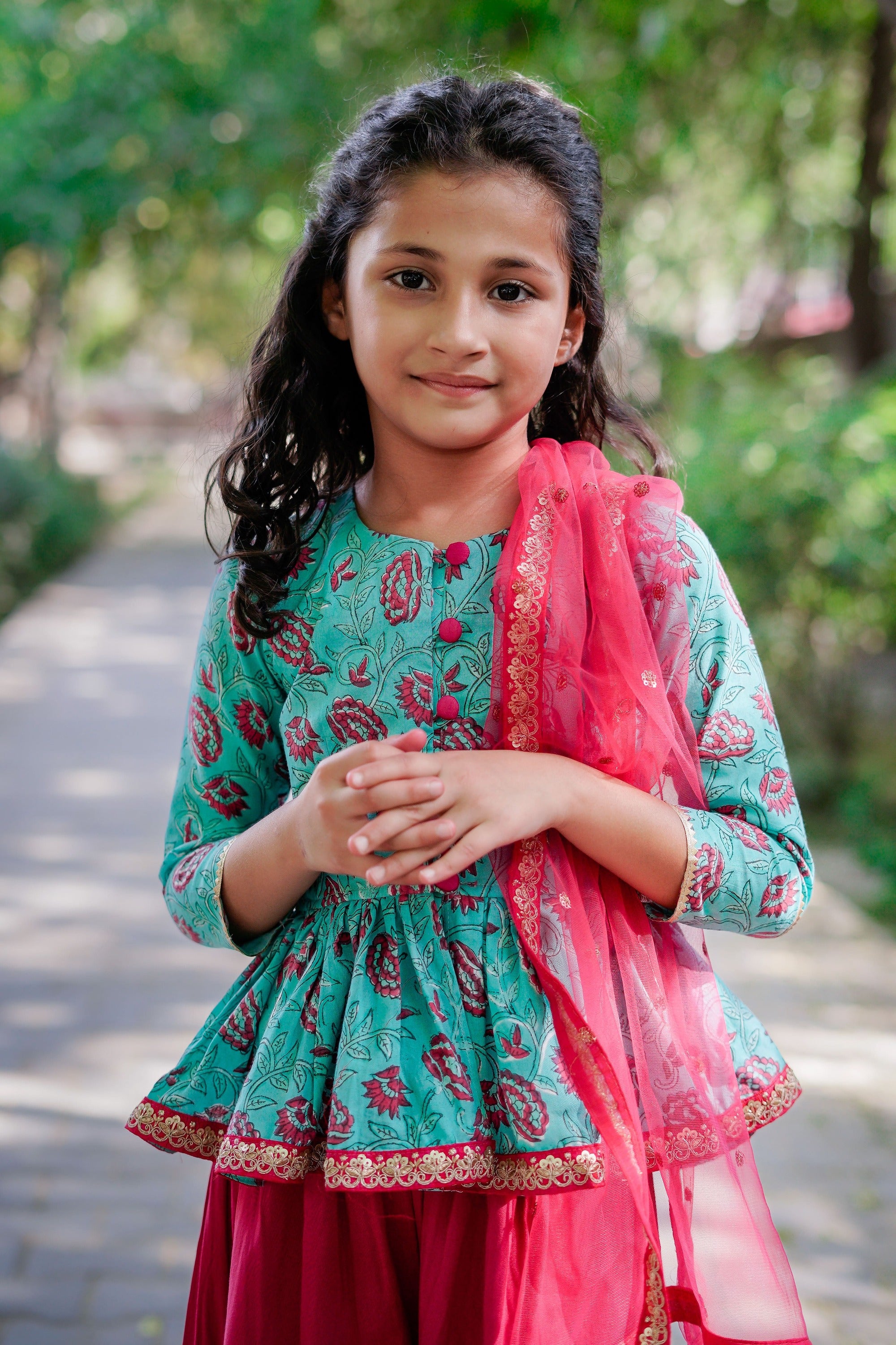 Blue & Dark Pink Sanganeri Peplum Top with Dark Pink Sharara Set