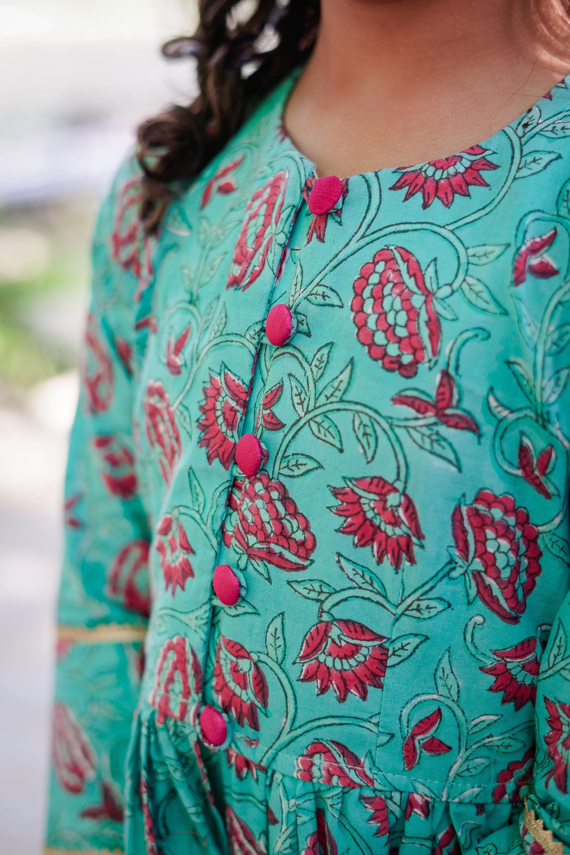 Blue & Dark Pink Sanganeri Peplum Top with Dark Pink Sharara Set