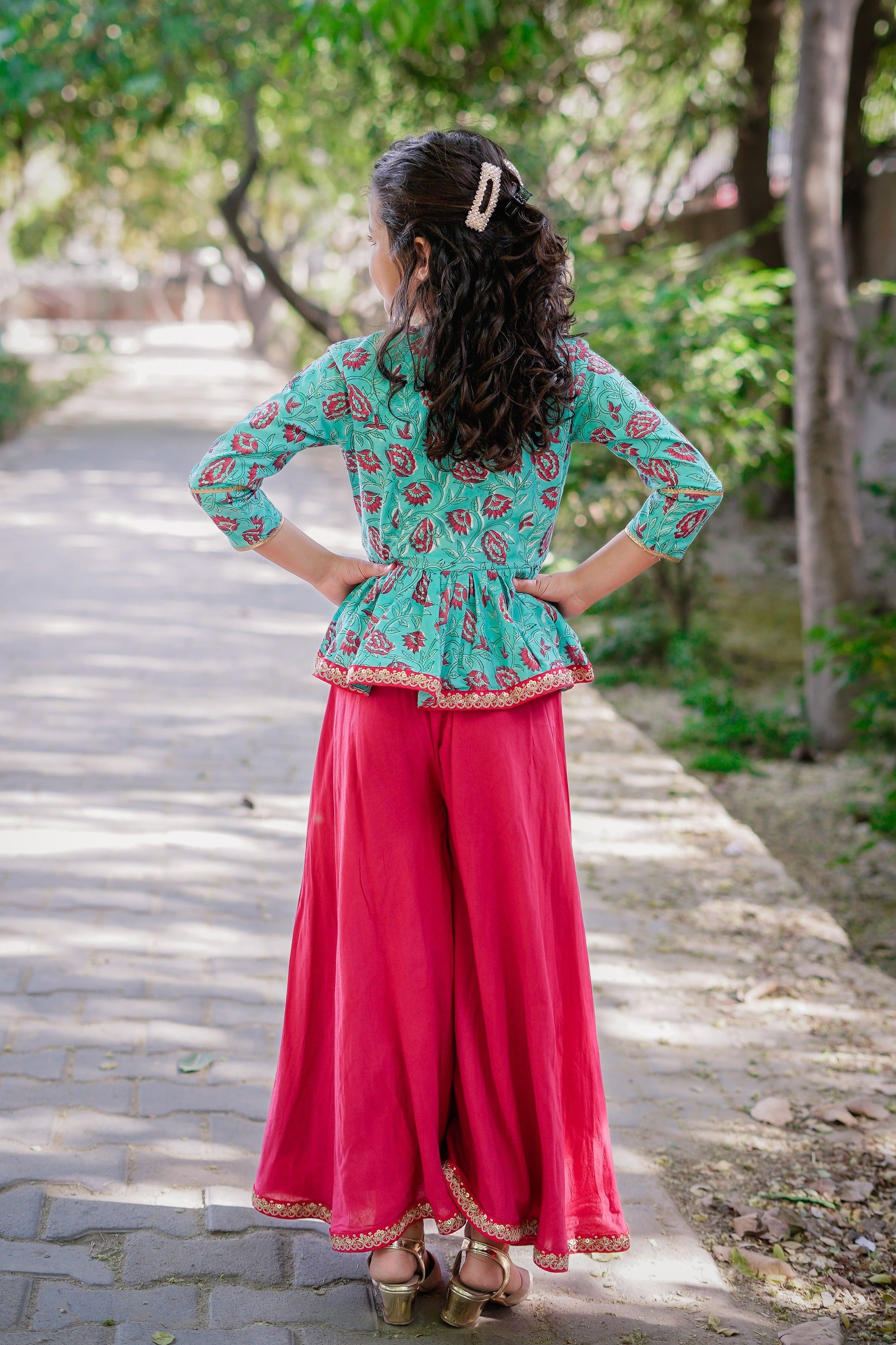 Blue & Dark Pink Sanganeri Peplum Top with Dark Pink Sharara Set