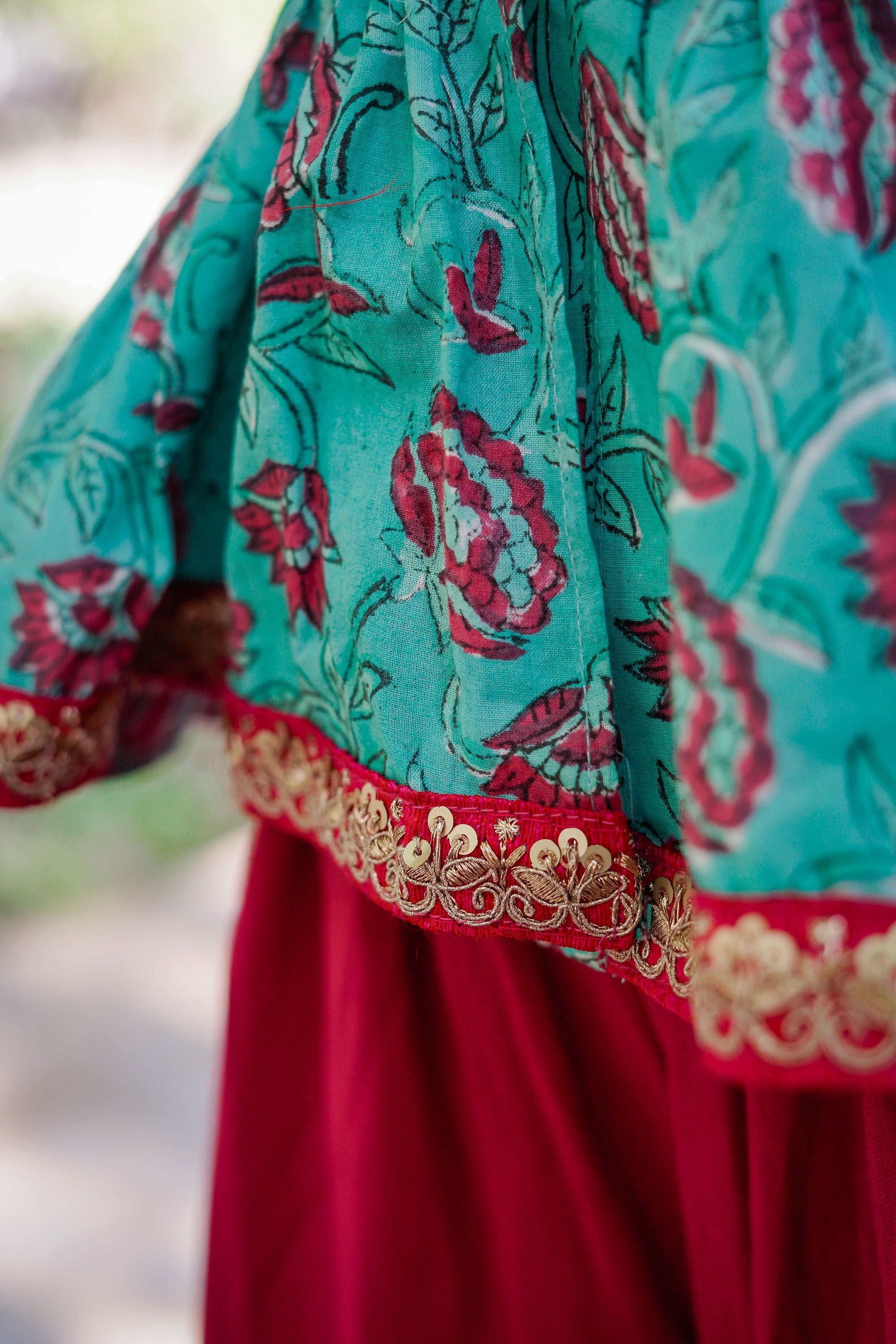 Blue & Dark Pink Sanganeri Peplum Top with Dark Pink Sharara Set