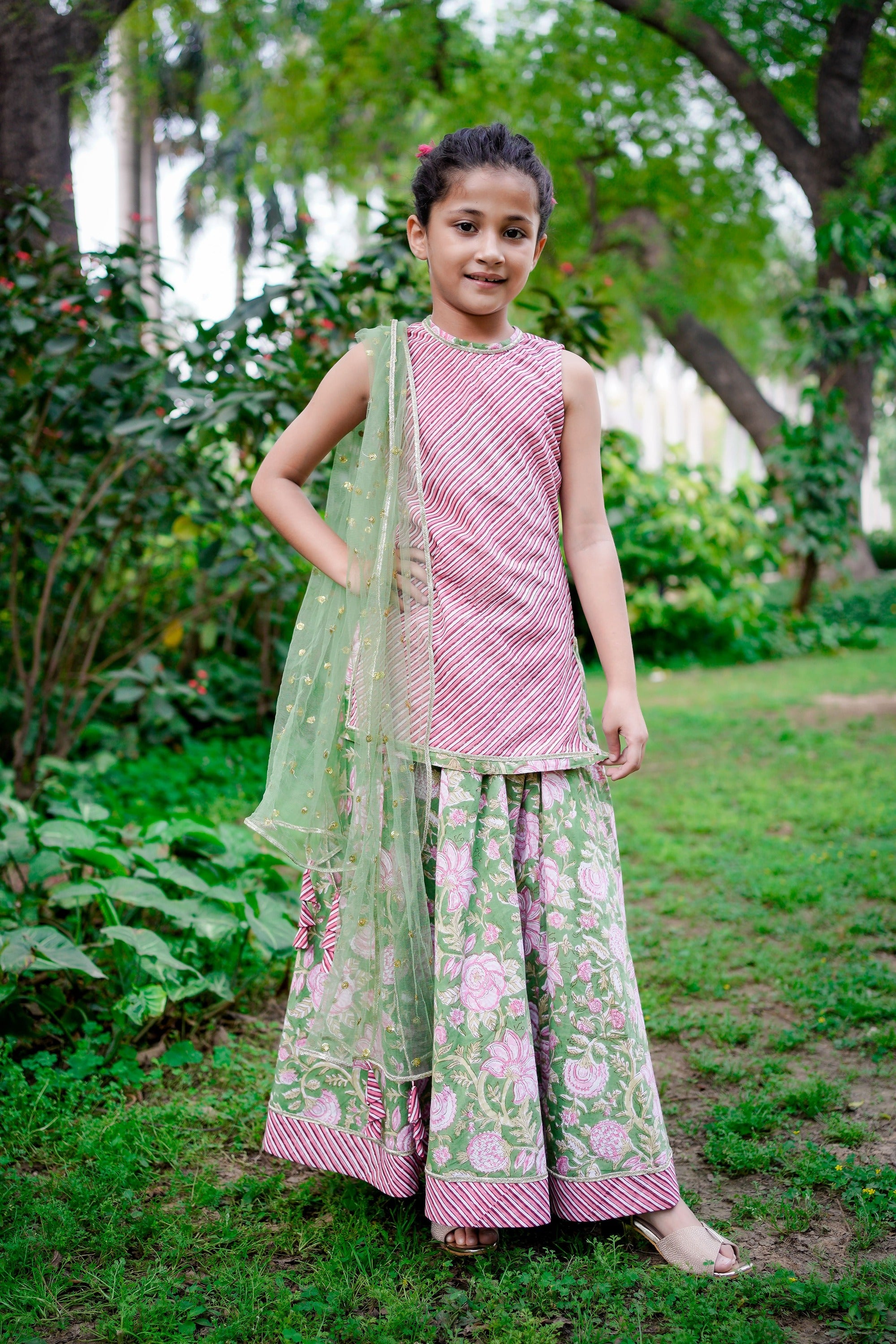 Pink Dabu Stripe Kurti with Green Sanganeri Cotton Lehenga
