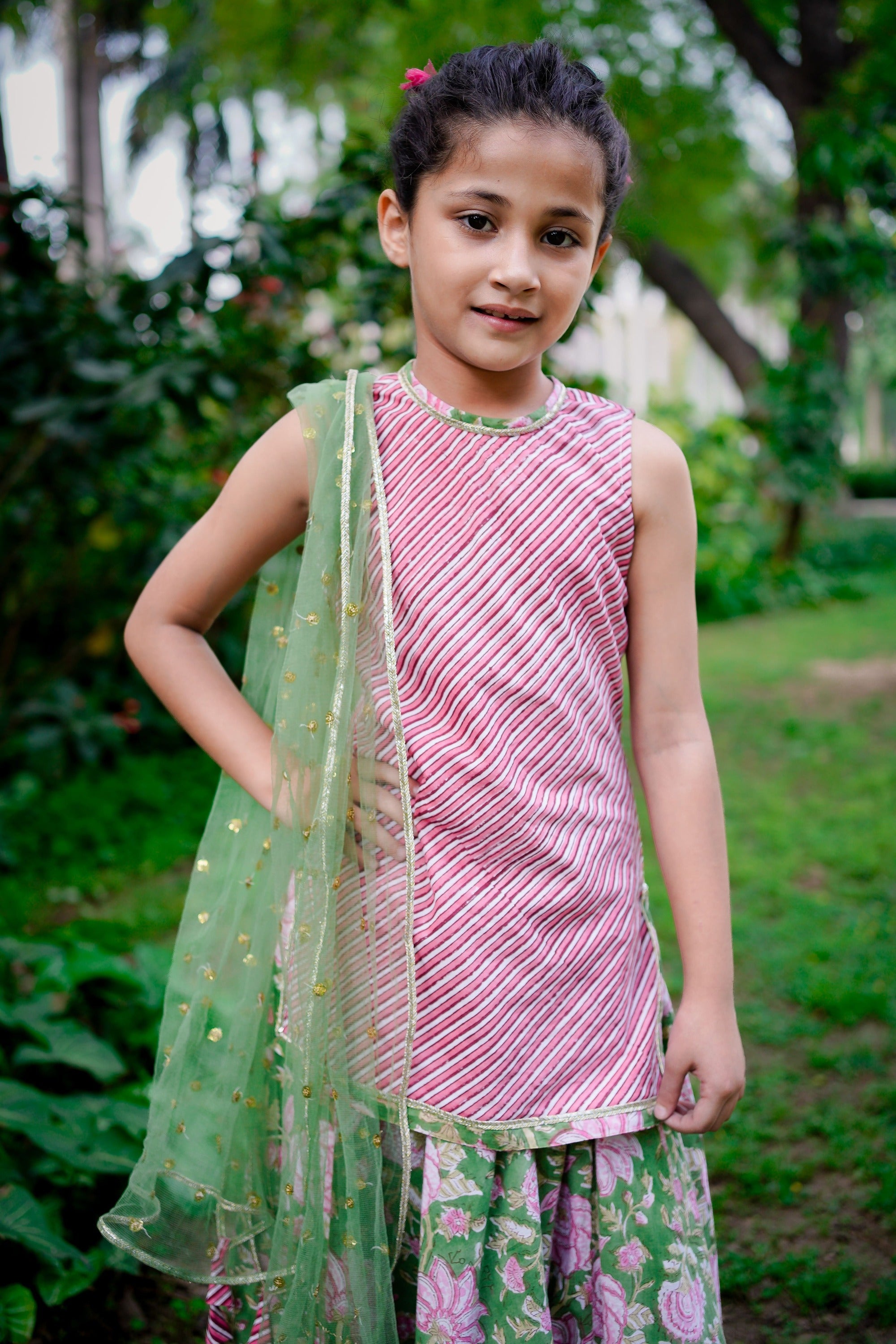 Pink Dabu Stripe Kurti with Green Sanganeri Cotton Lehenga