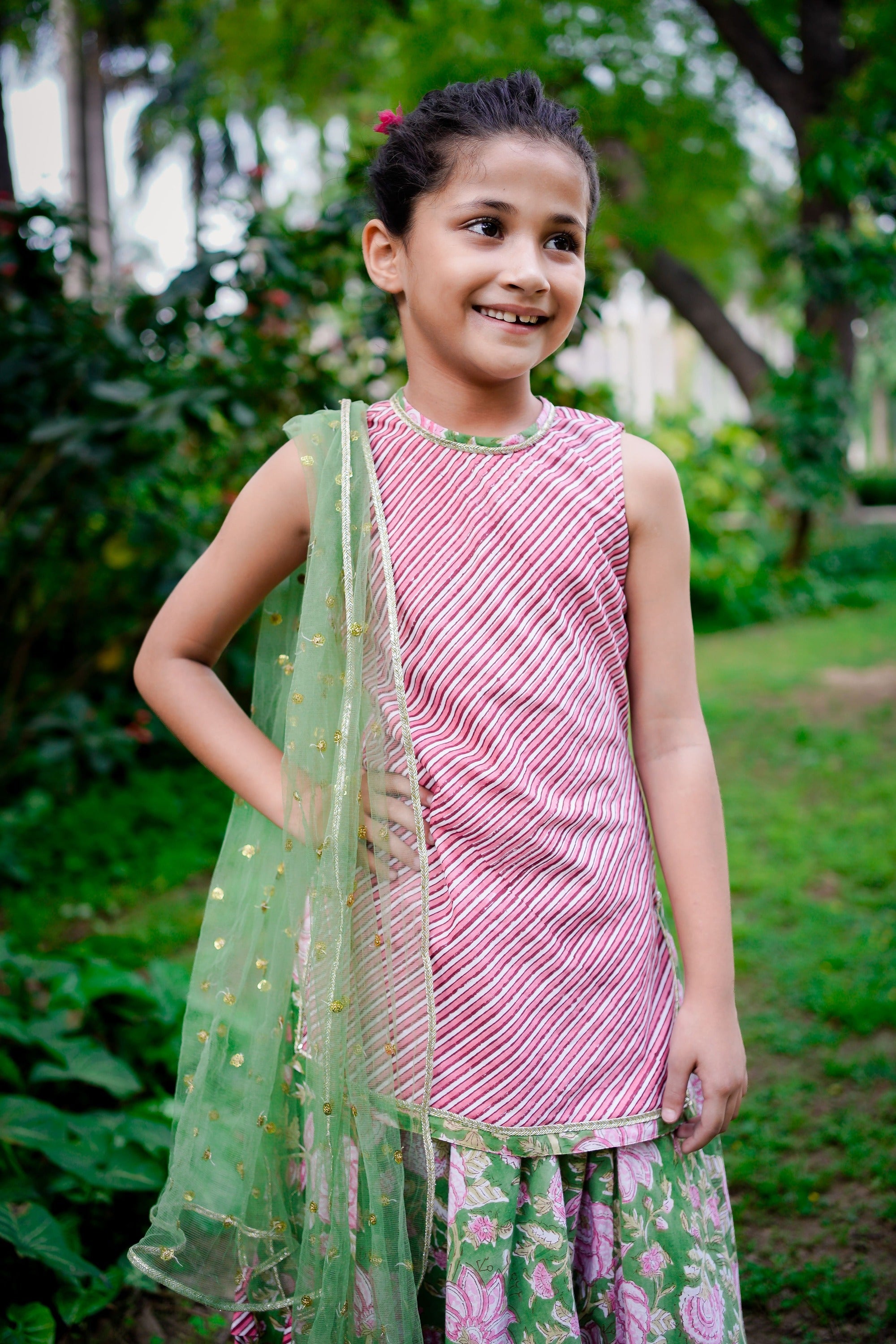 Pink Dabu Stripe Kurti with Green Sanganeri Cotton Lehenga
