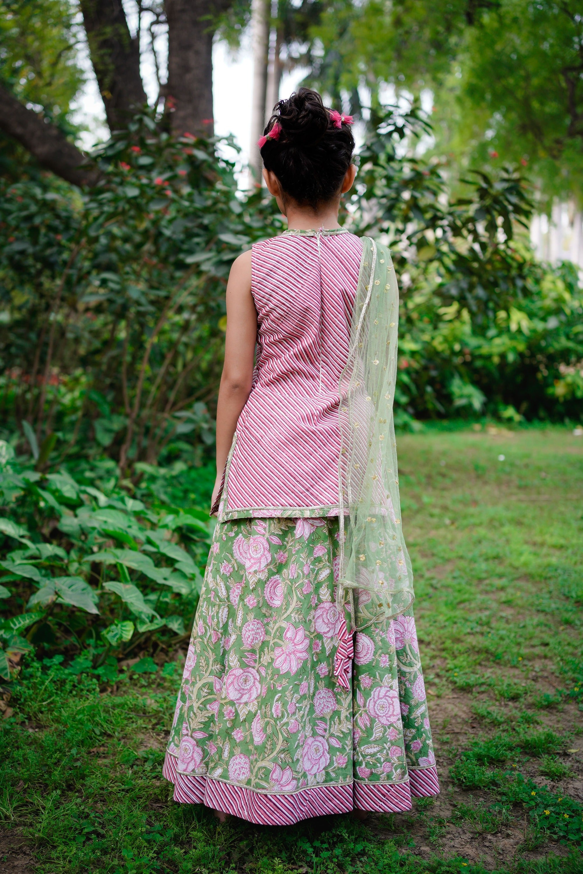 Pink Dabu Stripe Kurti with Green Sanganeri Cotton Lehenga