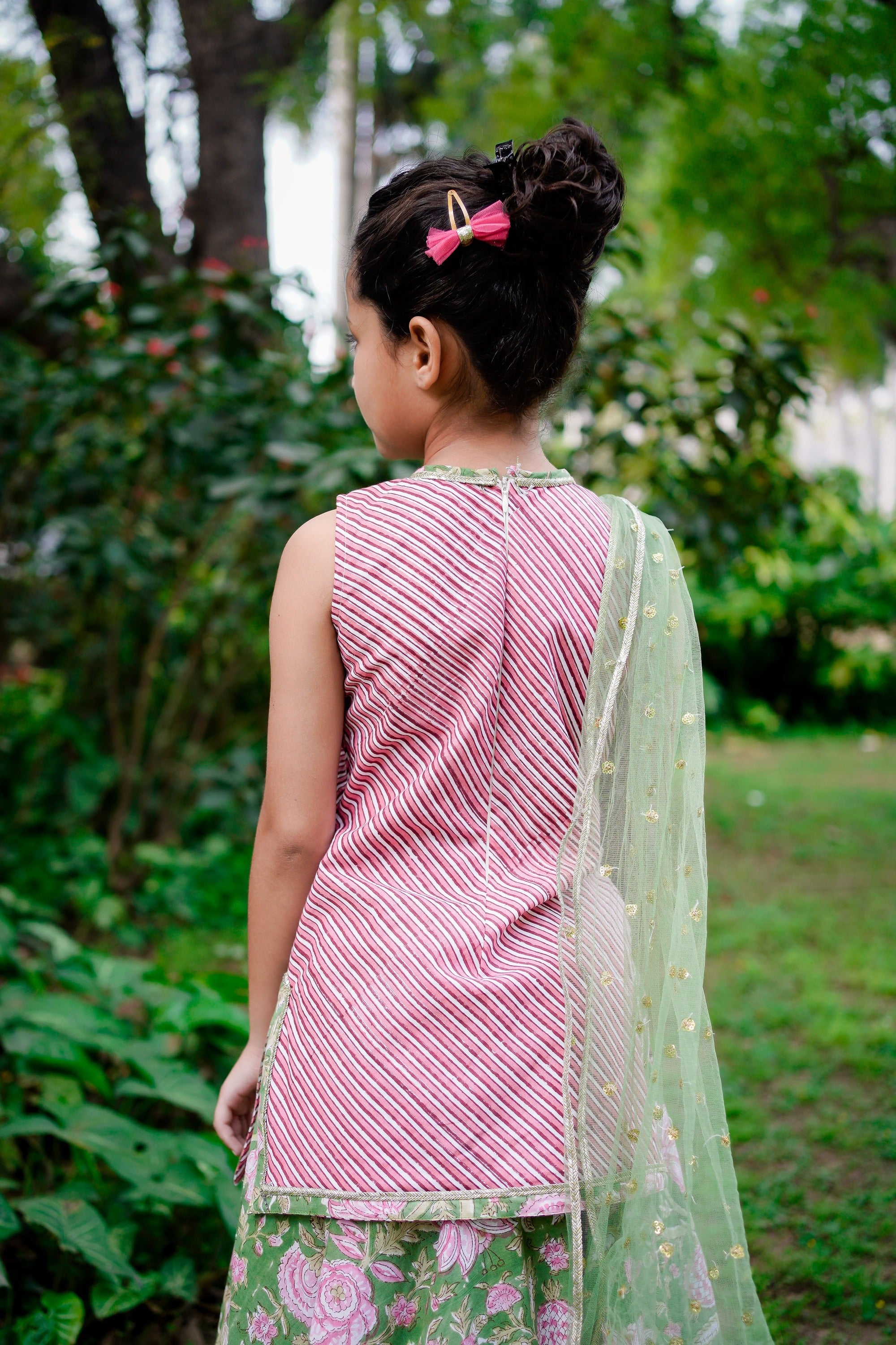 Pink Dabu Stripe Kurti with Green Sanganeri Cotton Lehenga
