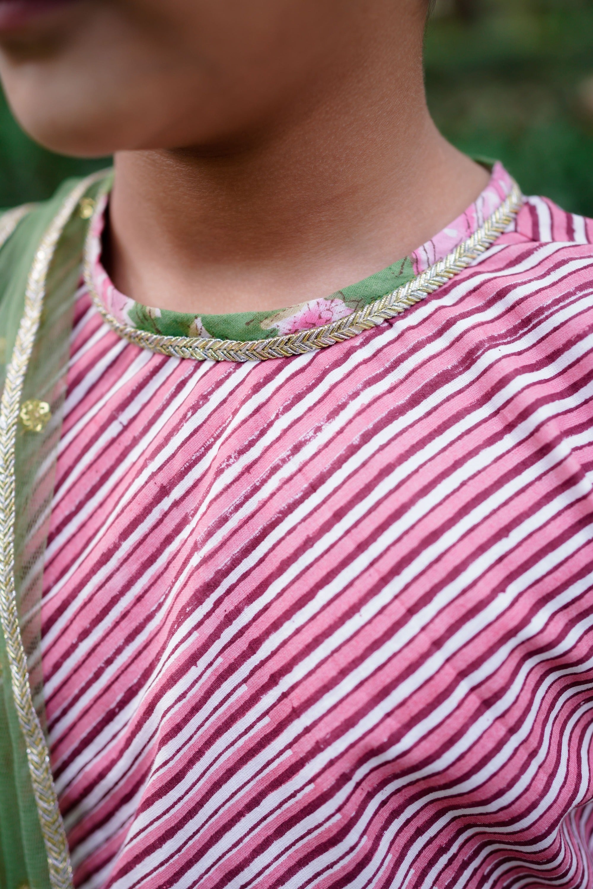 Pink Dabu Stripe Kurti with Green Sanganeri Cotton Lehenga