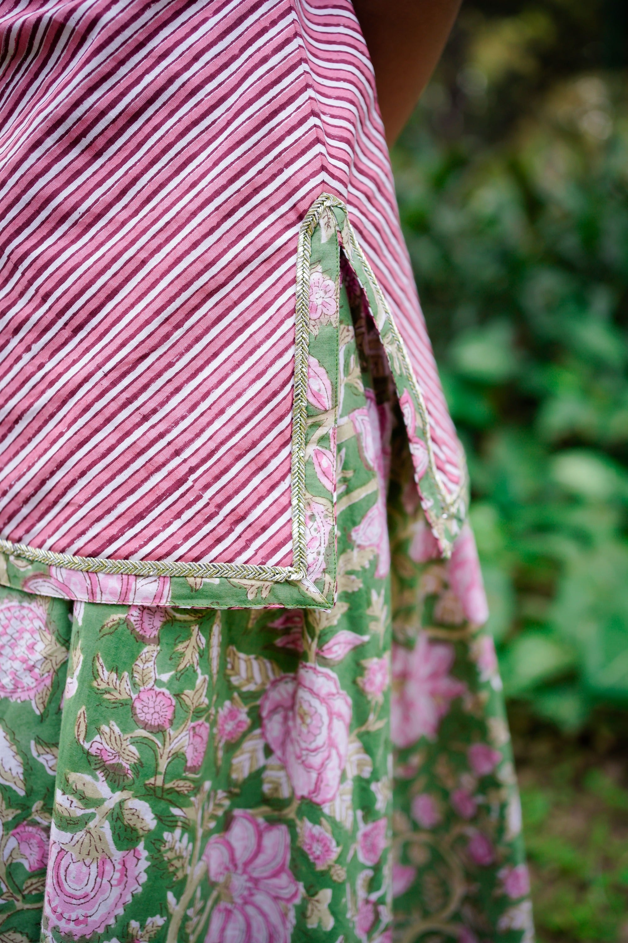 Pink Dabu Stripe Kurti with Green Sanganeri Cotton Lehenga