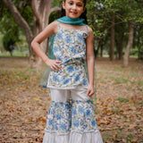 White with Blue Sanganeri Top with White Sharara & Blue Dupatta