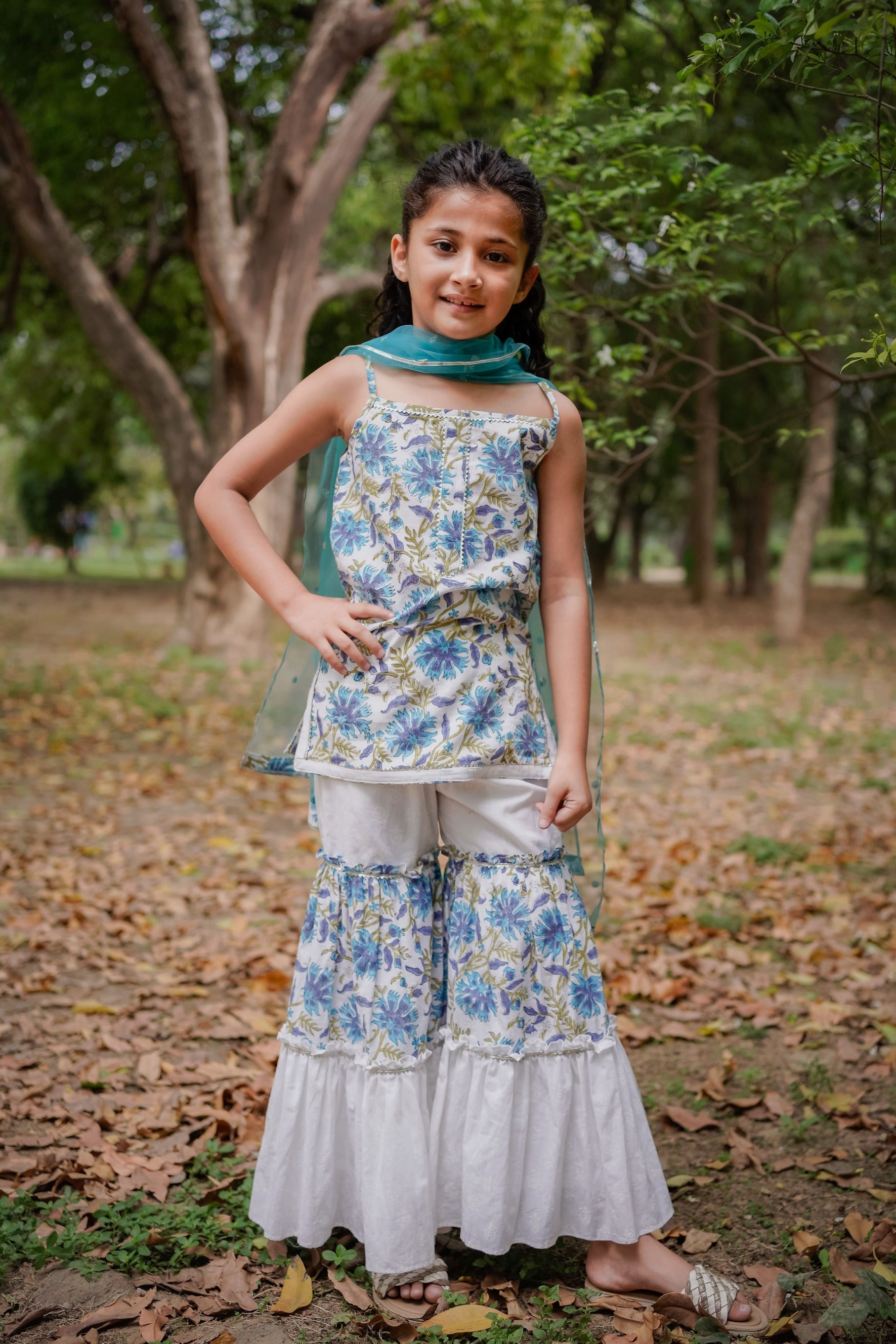White with Blue Sanganeri Top with White Sharara & Blue Dupatta