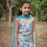 White with Blue Sanganeri Top with White Sharara & Blue Dupatta