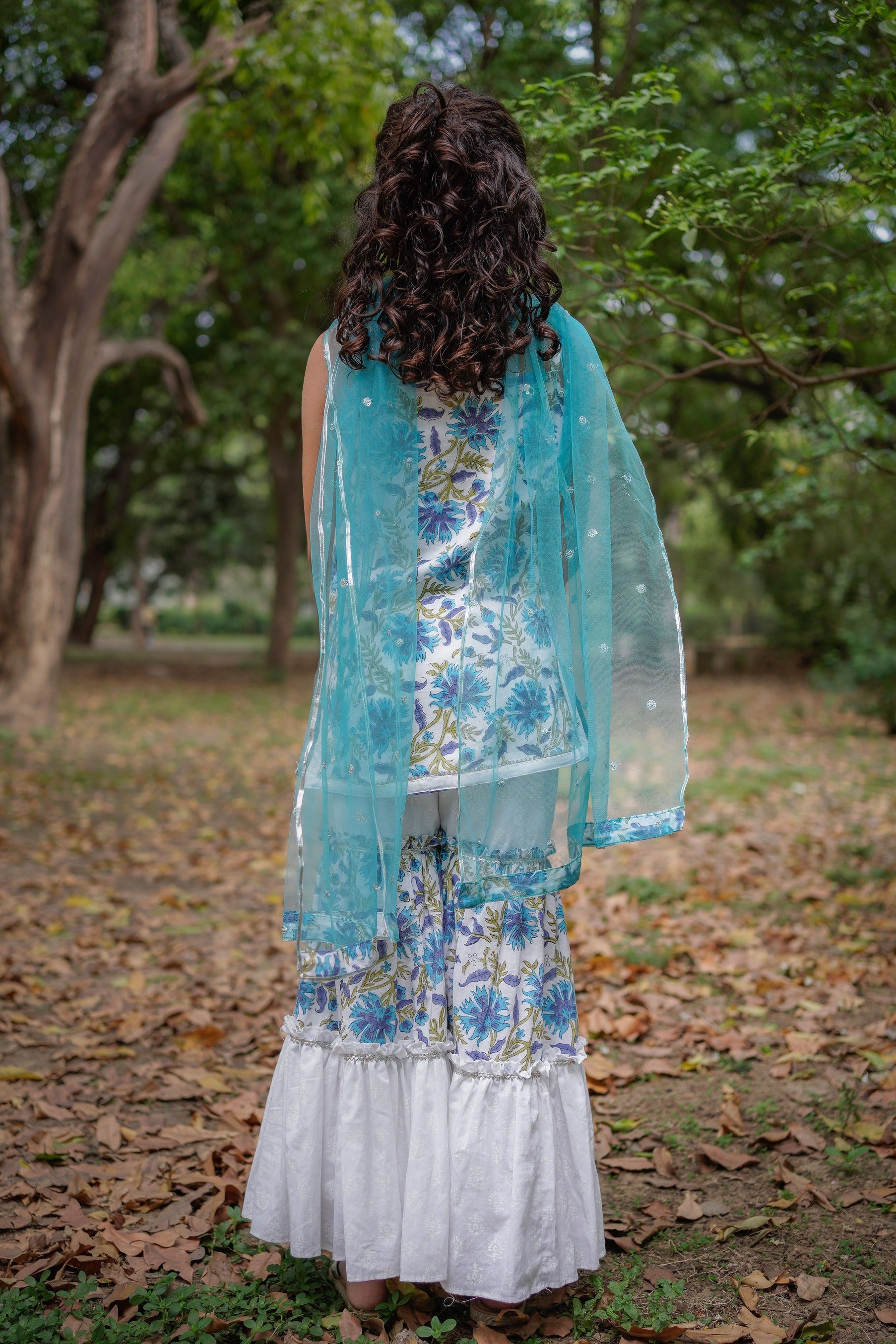 White with Blue Sanganeri Top with White Sharara & Blue Dupatta
