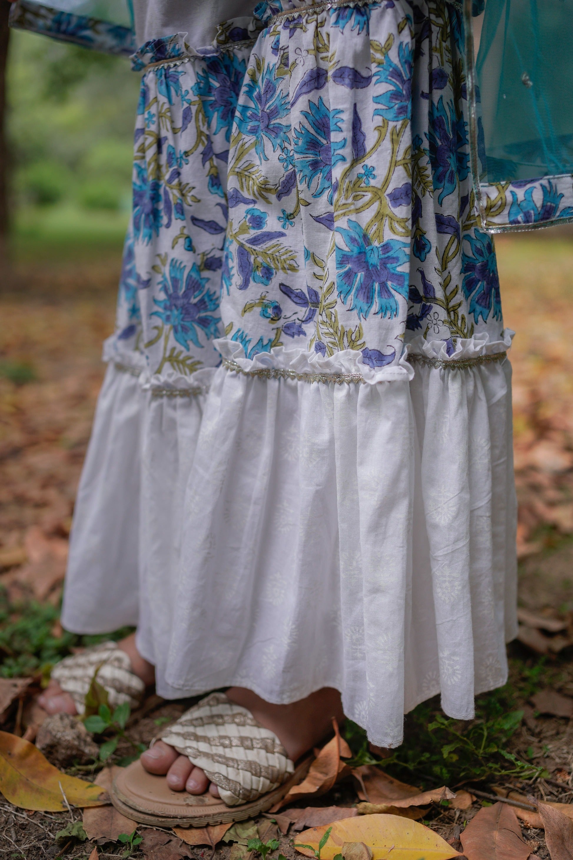 White with Blue Sanganeri Top with White Sharara & Blue Dupatta