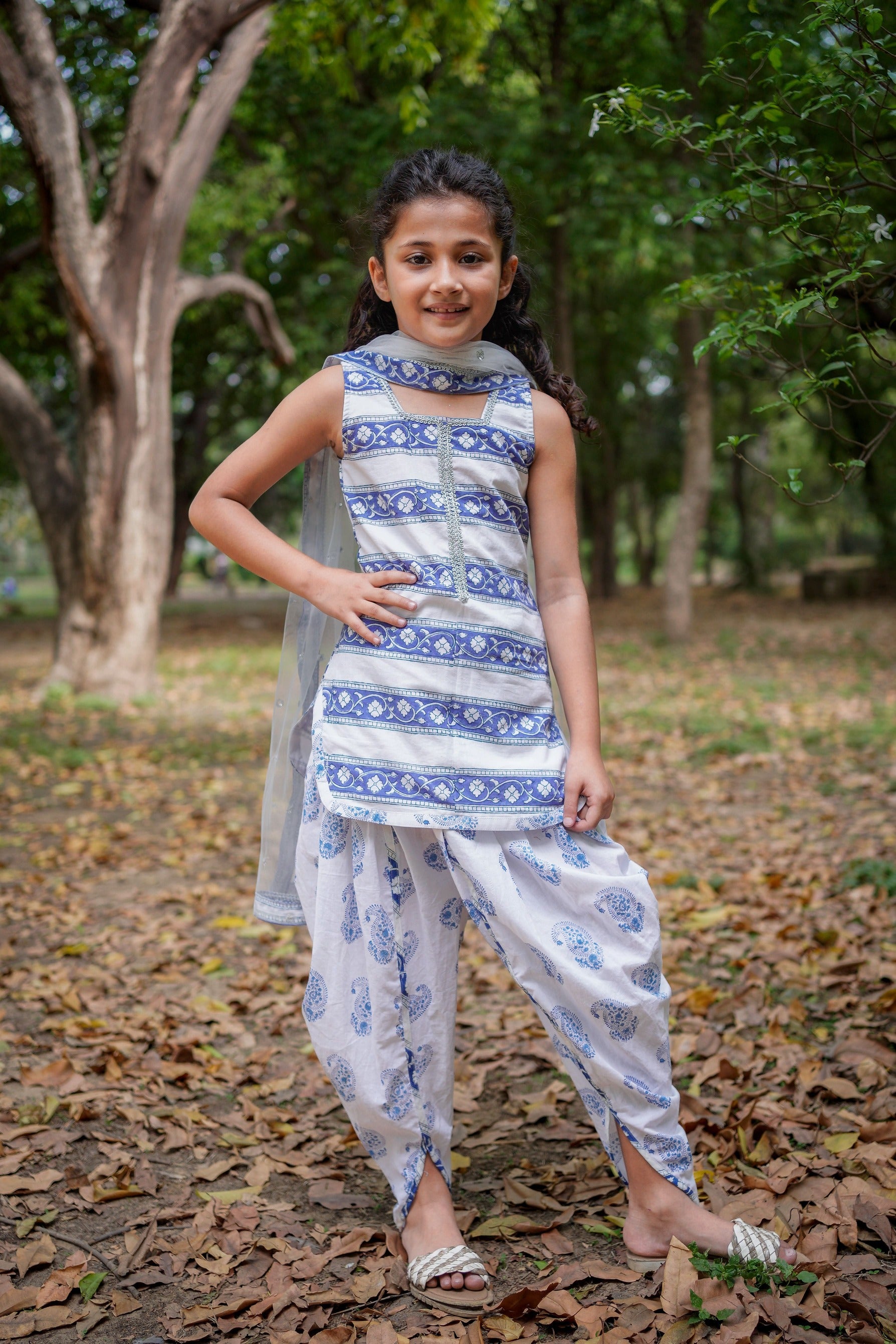 White and Blue Sanganeri Paisley Dhoti Set