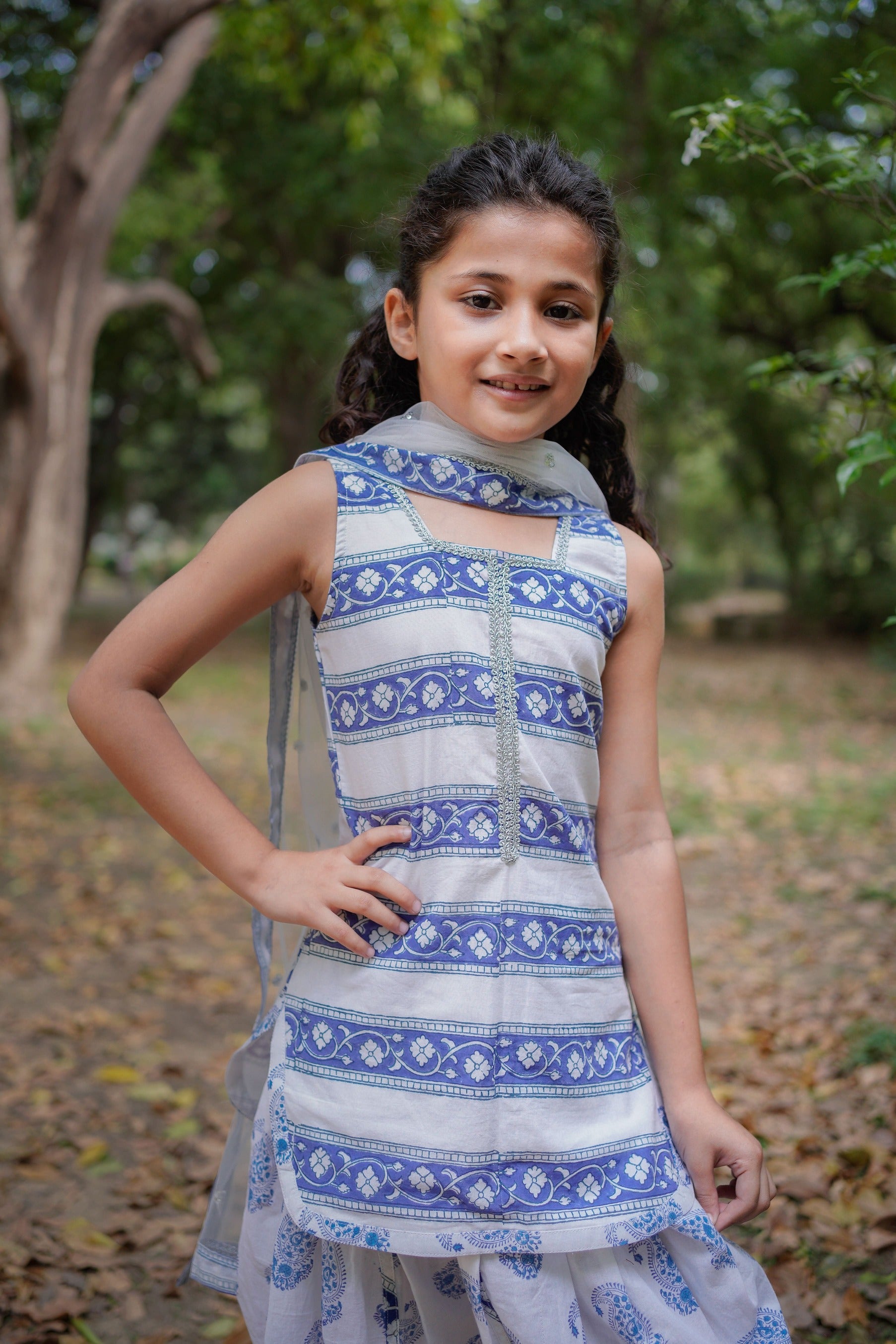 White and Blue Sanganeri Paisley Dhoti Set
