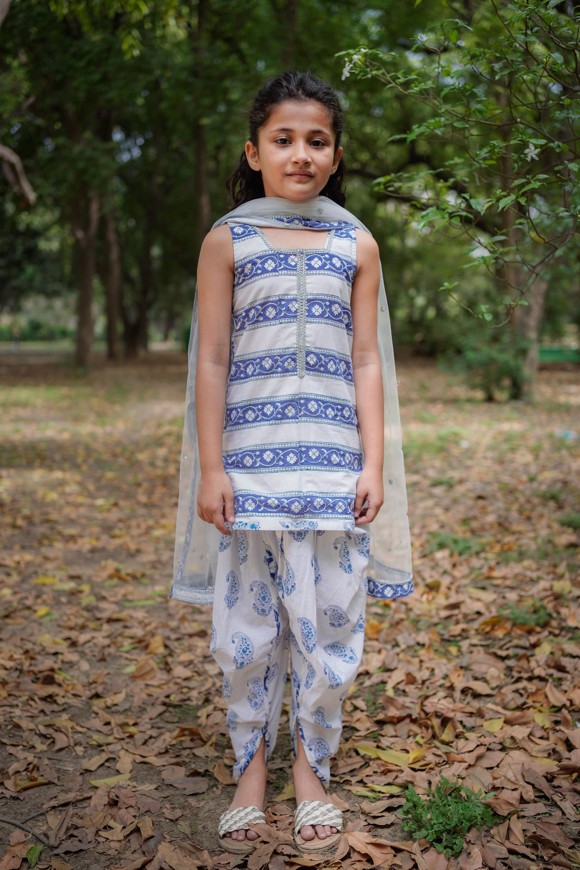 White and Blue Sanganeri Paisley Dhoti Set