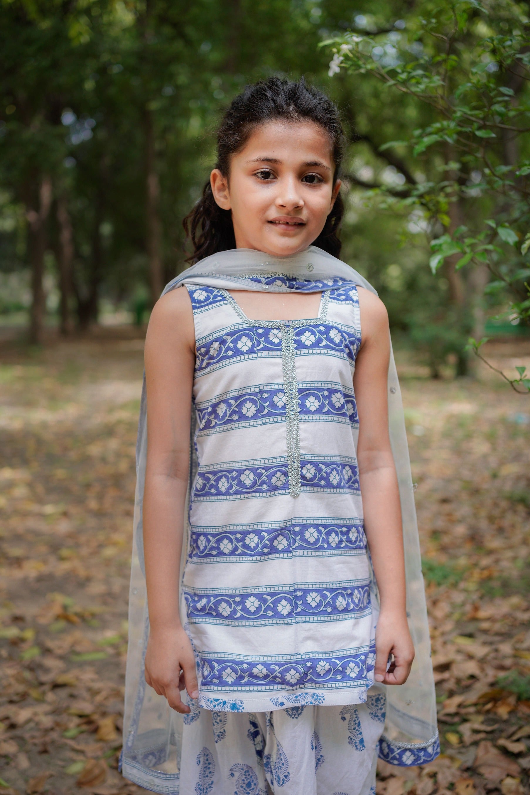 White and Blue Sanganeri Paisley Dhoti Set