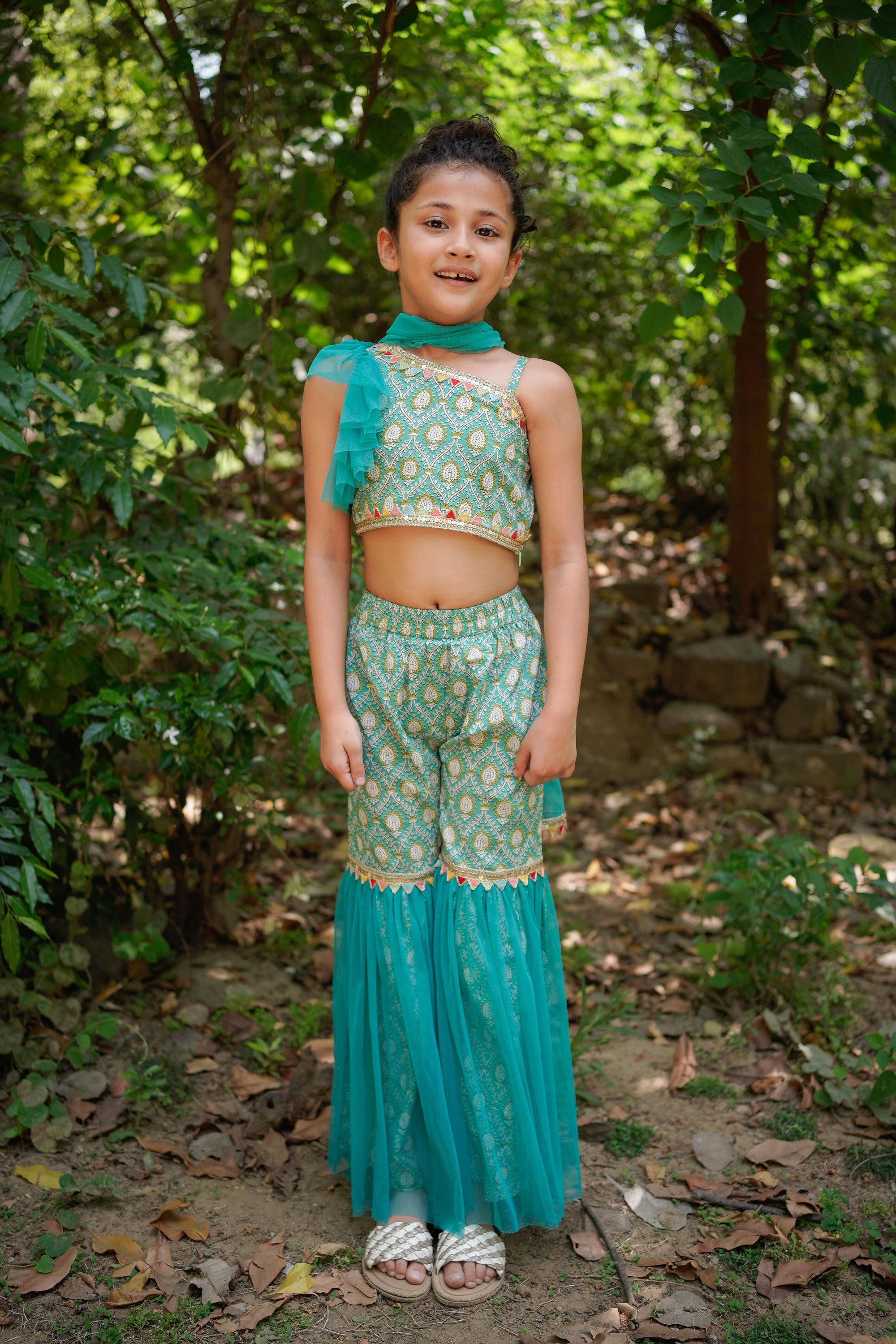 Blue Sanganeri One Shoulder Top with Net Sharara