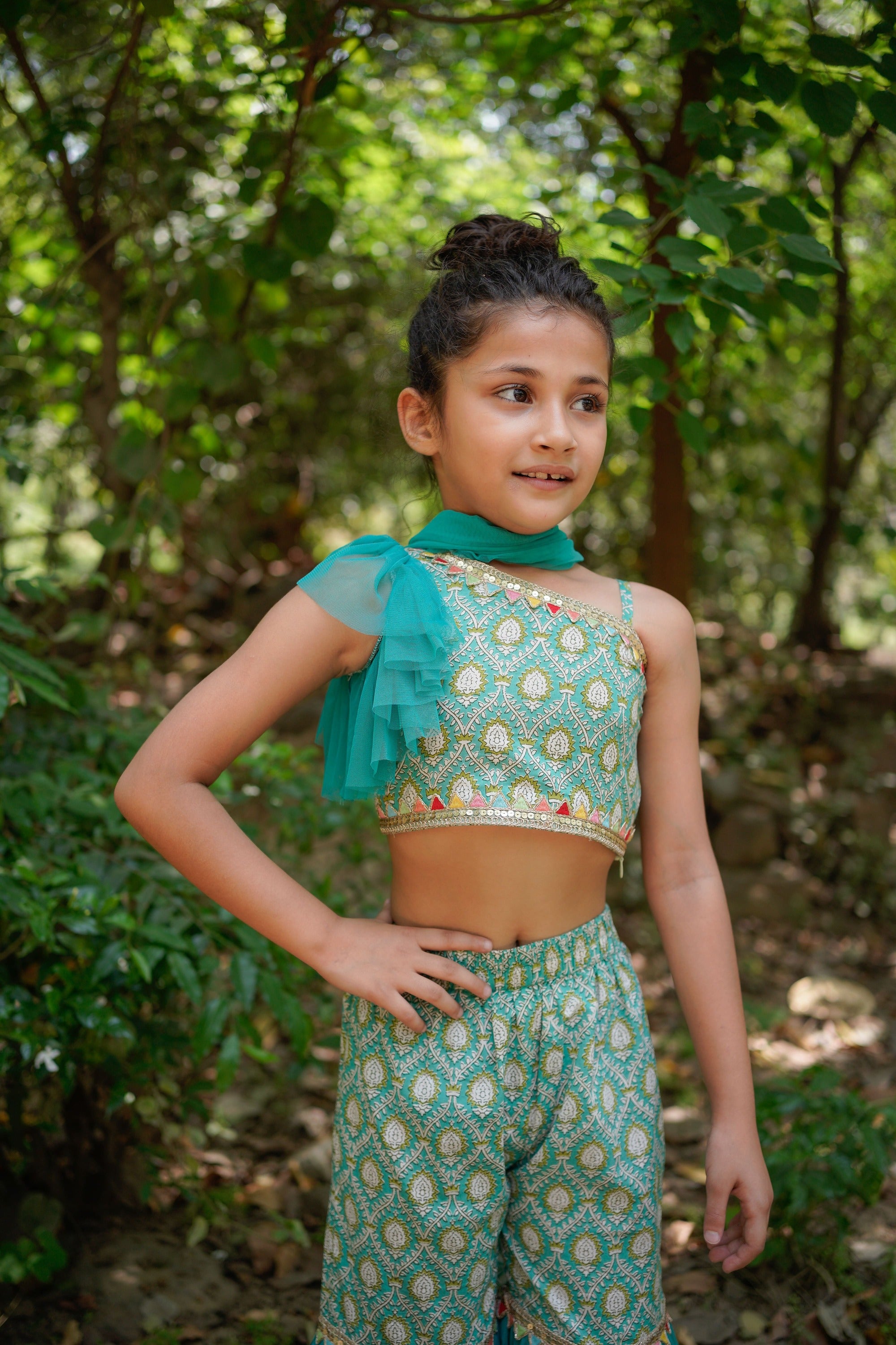 Blue Sanganeri One Shoulder Top with Net Sharara