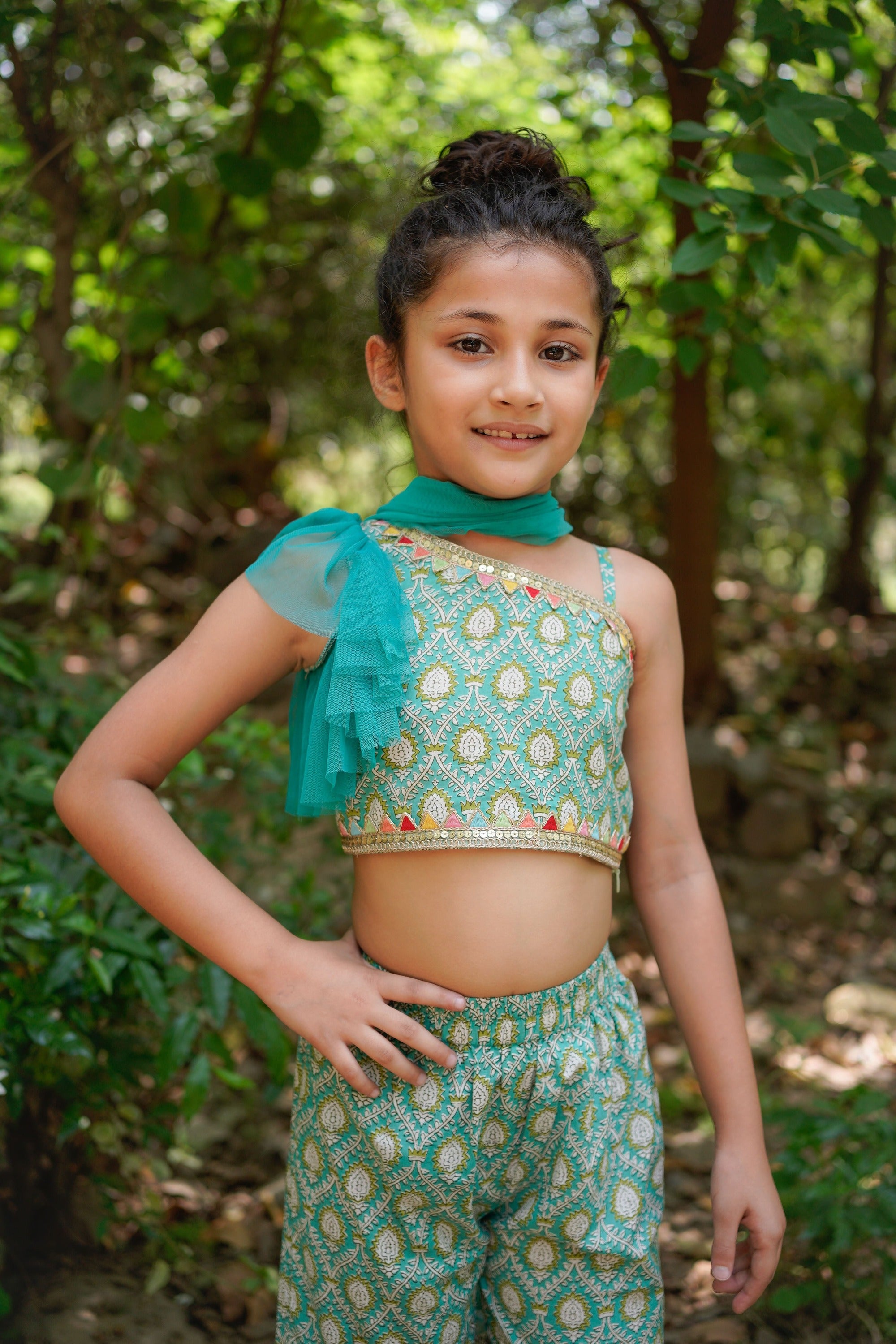 Blue Sanganeri One Shoulder Top with Net Sharara