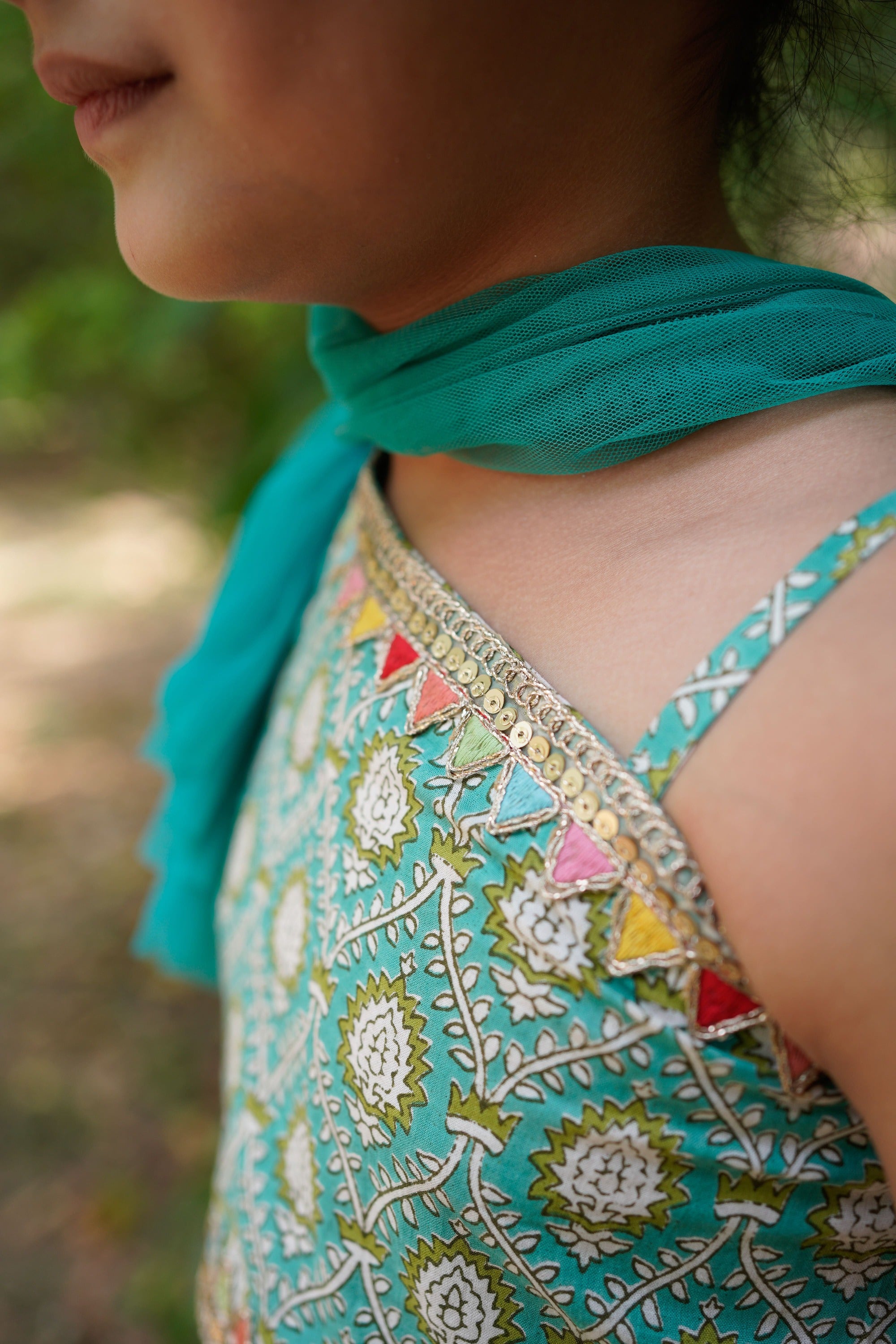 Blue Sanganeri One Shoulder Top with Net Sharara