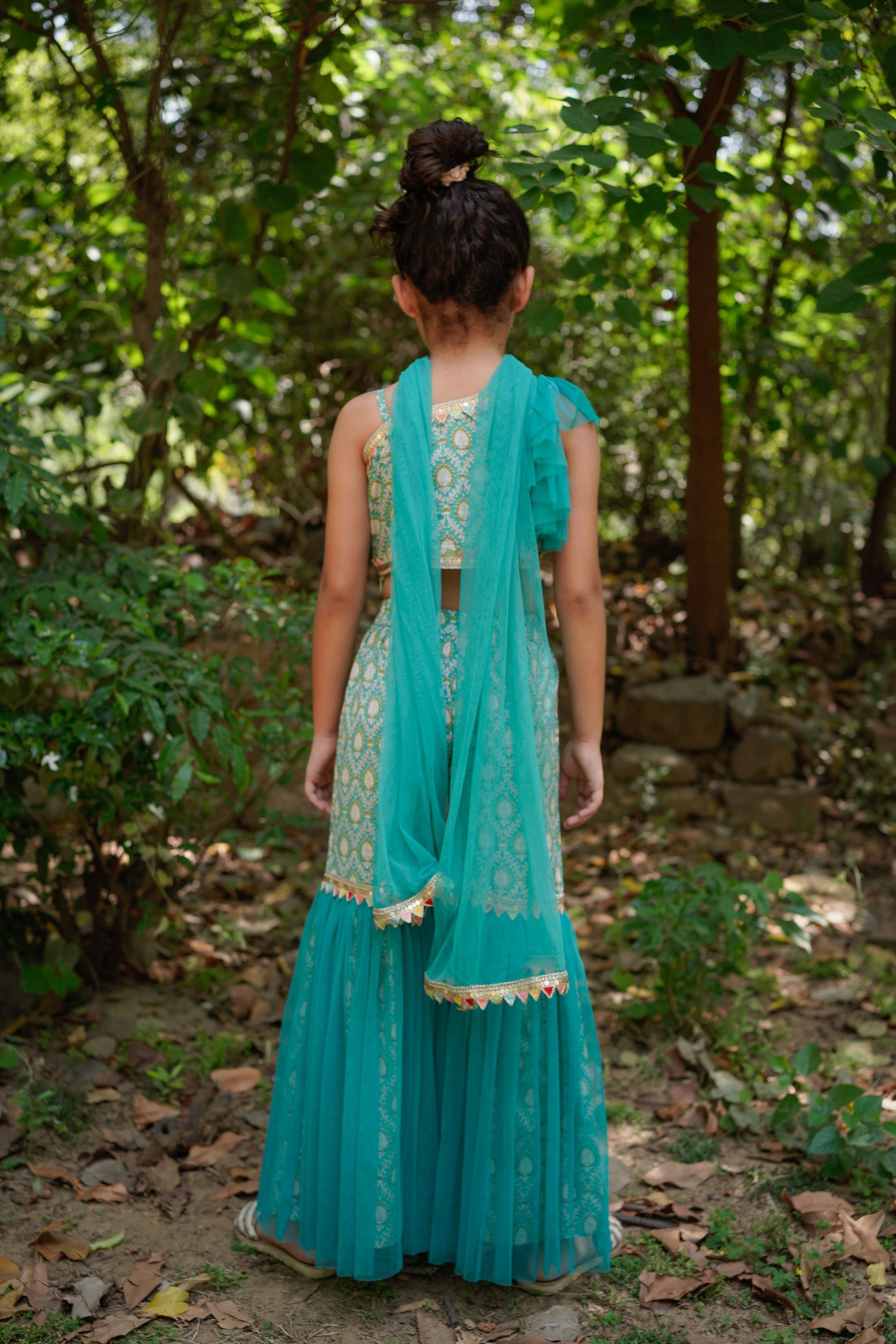 Blue Sanganeri One Shoulder Top with Net Sharara