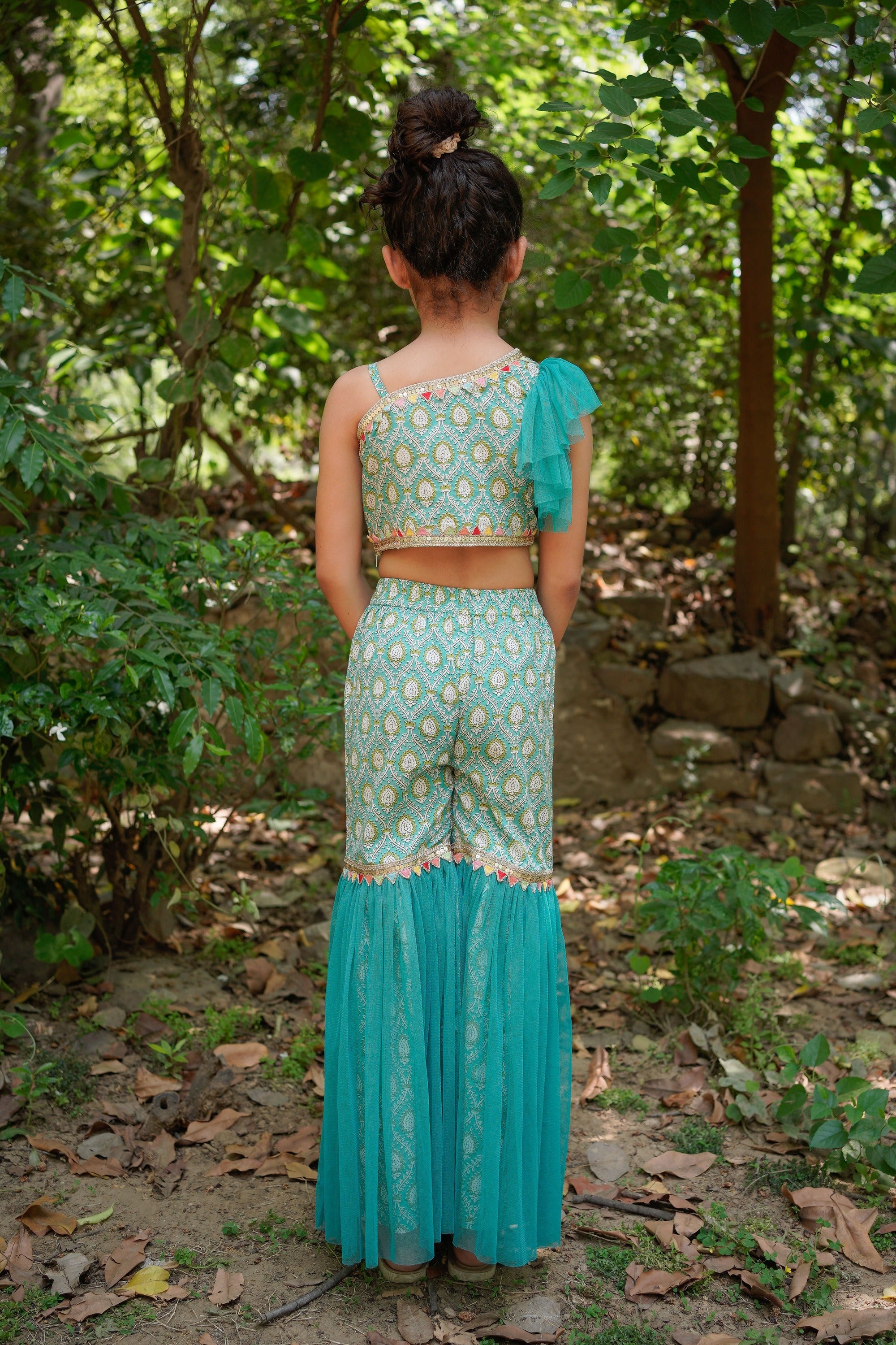 Blue Sanganeri One Shoulder Top with Net Sharara