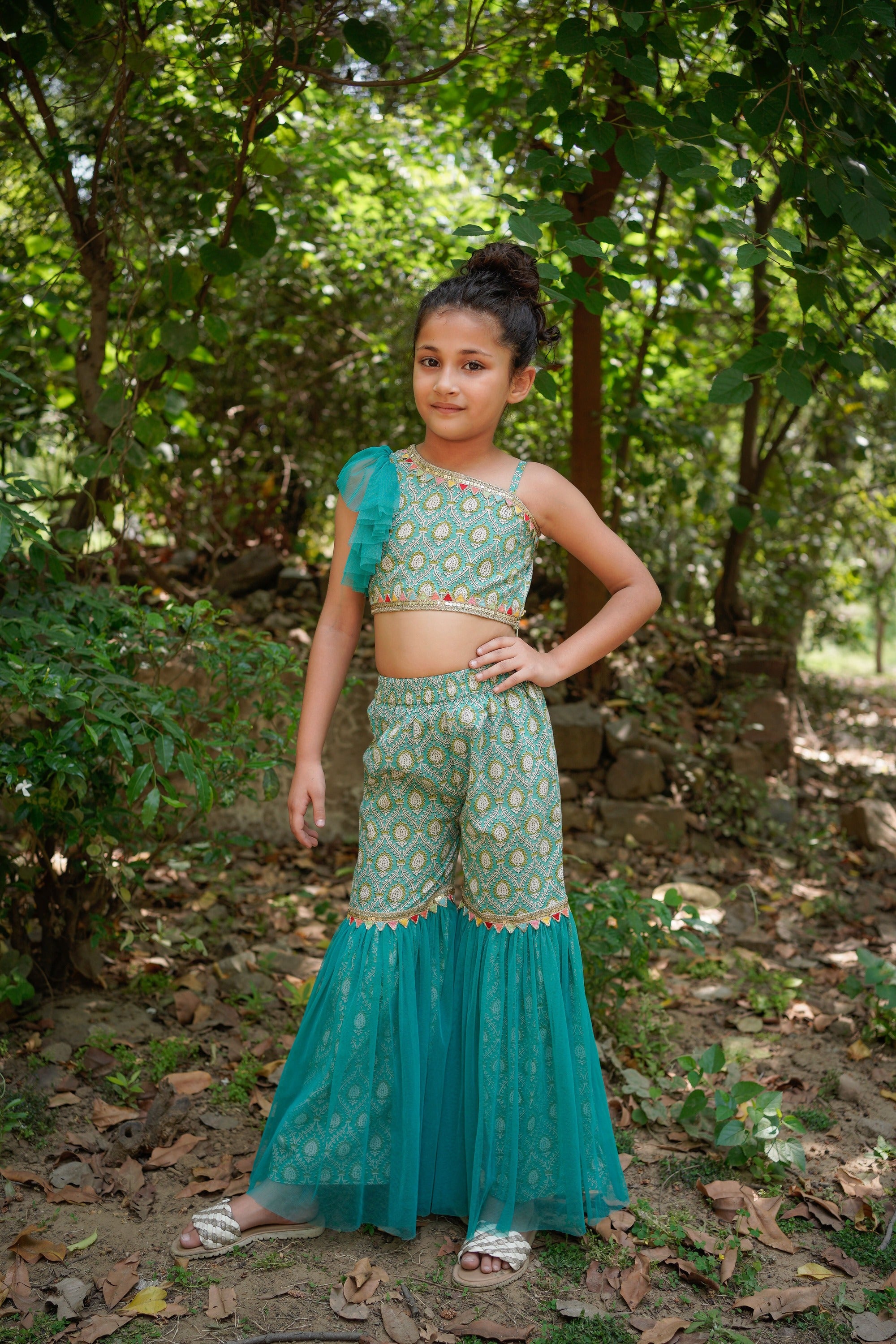 Blue Sanganeri One Shoulder Top with Net Sharara