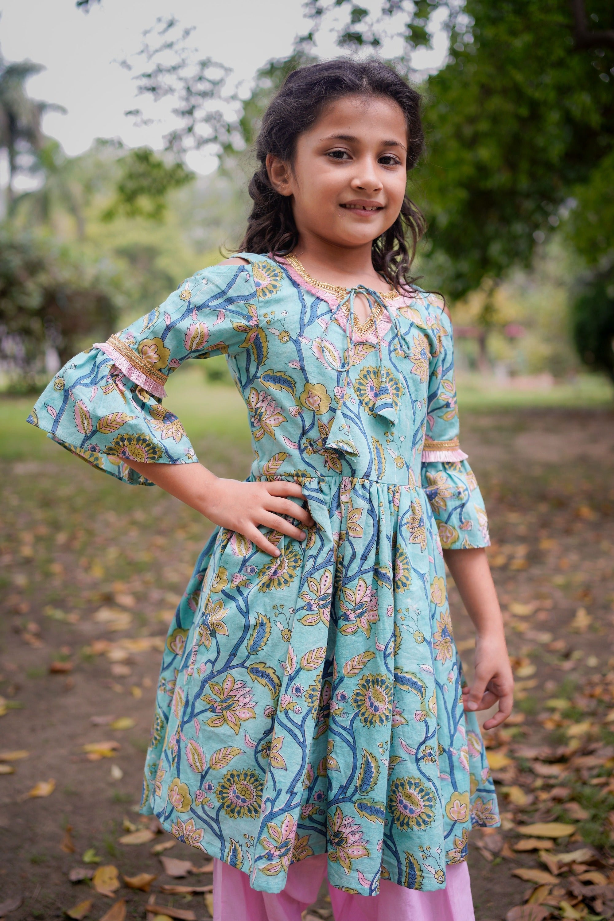 Blue Sanganeri Cold Shoulder Kurta with Pink Salwar and Dupatta
