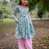 Blue Sanganeri Cold Shoulder Kurta with Pink Salwar and Dupatta