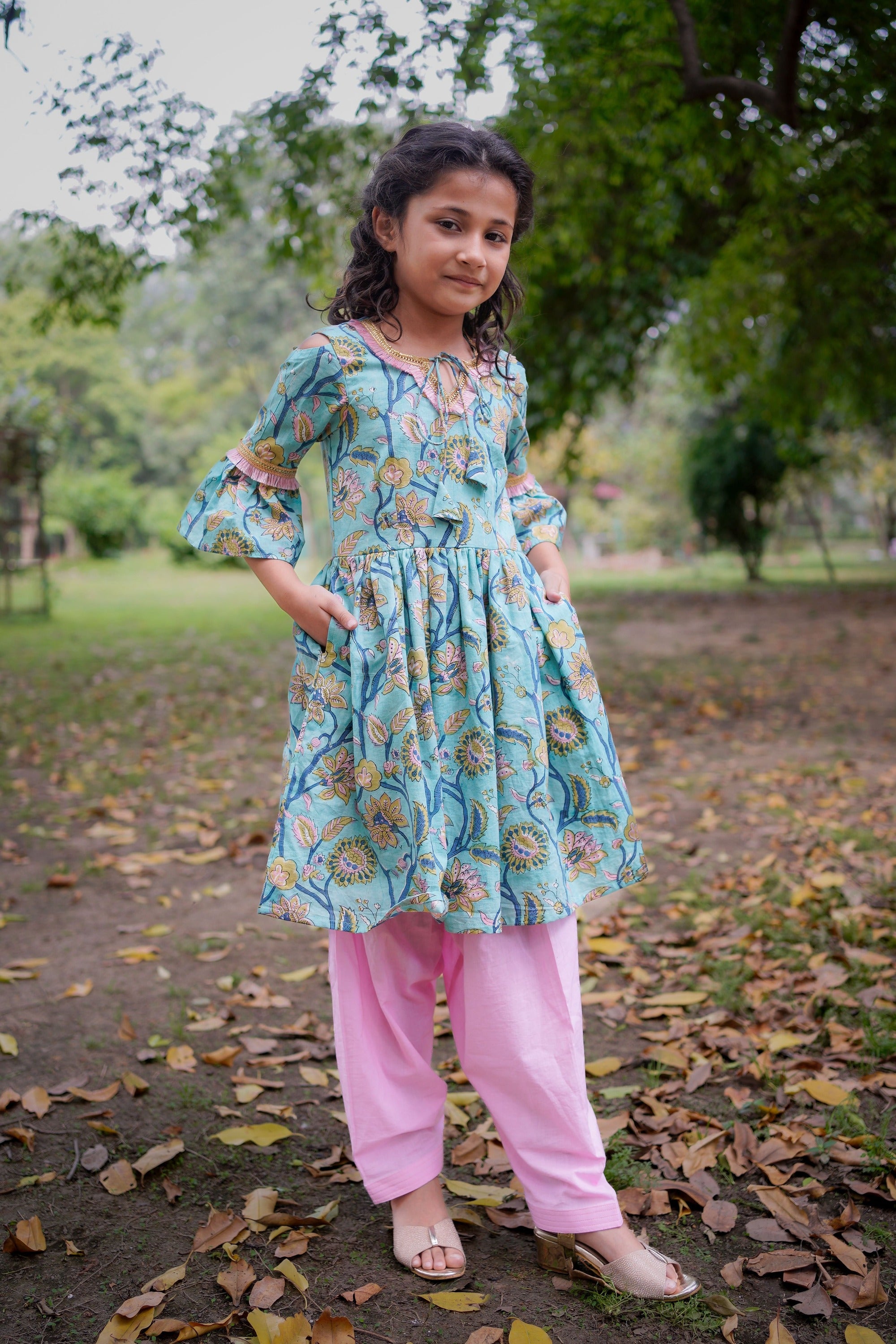 Blue Sanganeri Cold Shoulder Kurta with Pink Salwar and Dupatta