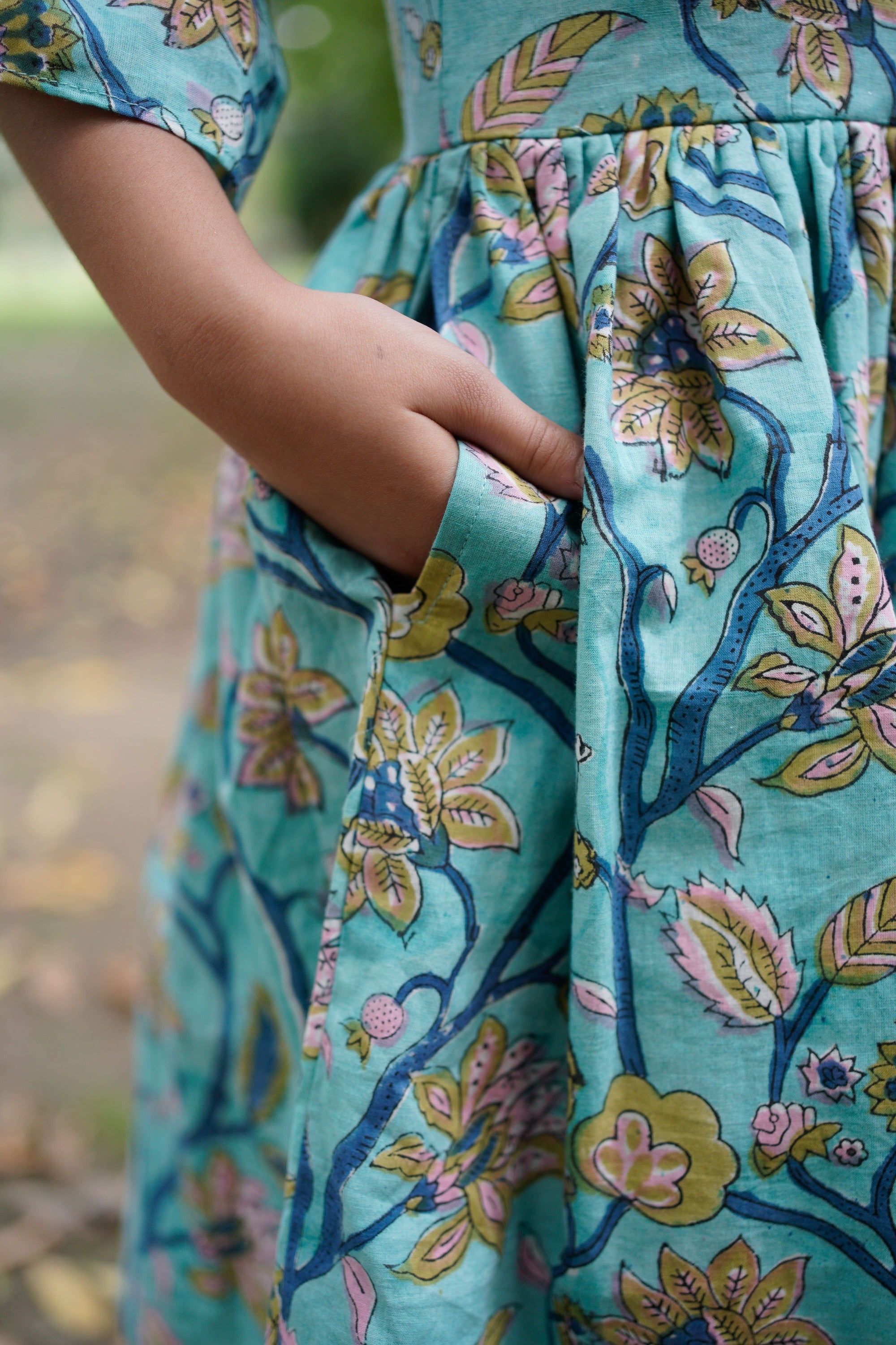 Blue Sanganeri Cold Shoulder Kurta with Pink Salwar and Dupatta