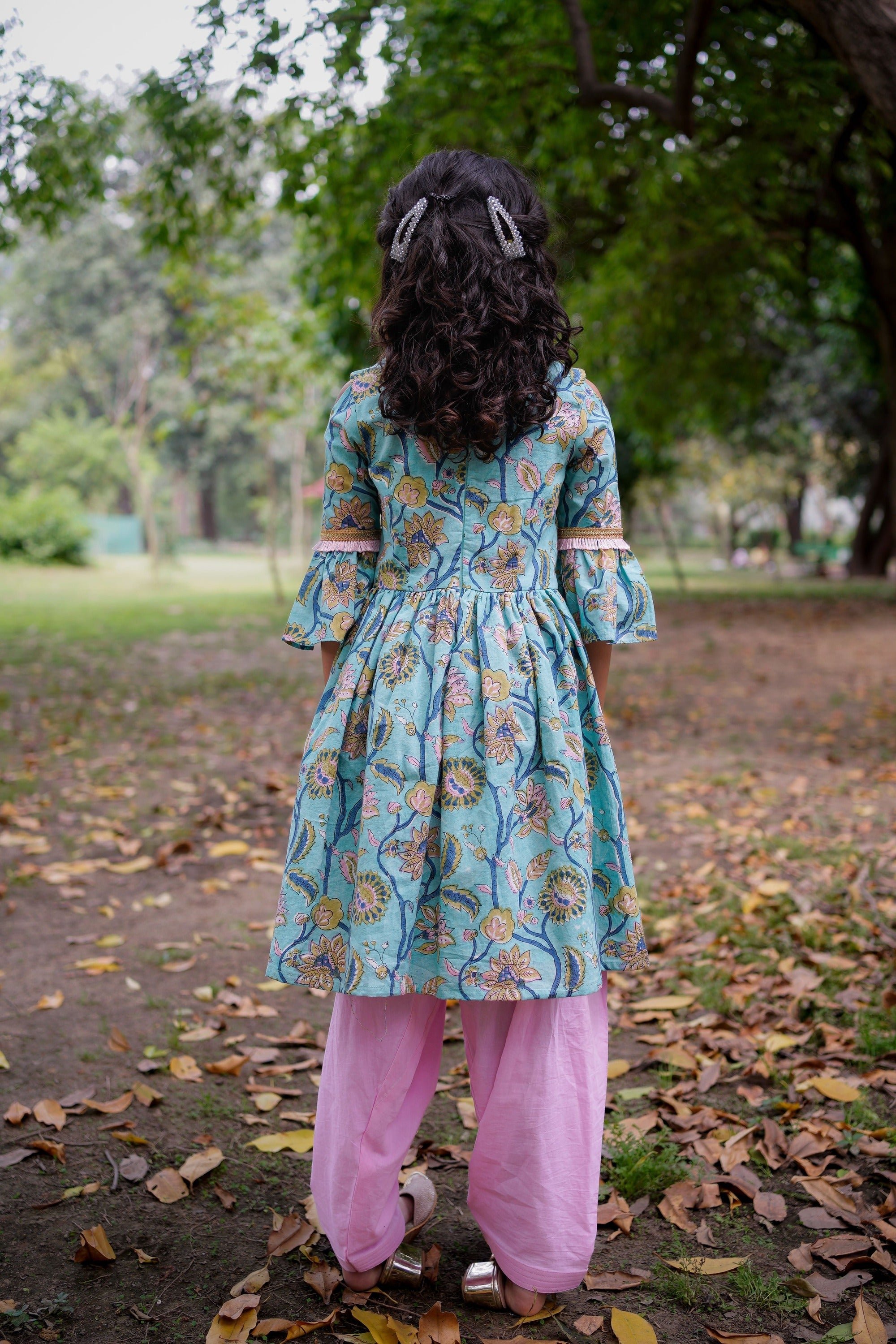 Blue Sanganeri Cold Shoulder Kurta with Pink Salwar and Dupatta