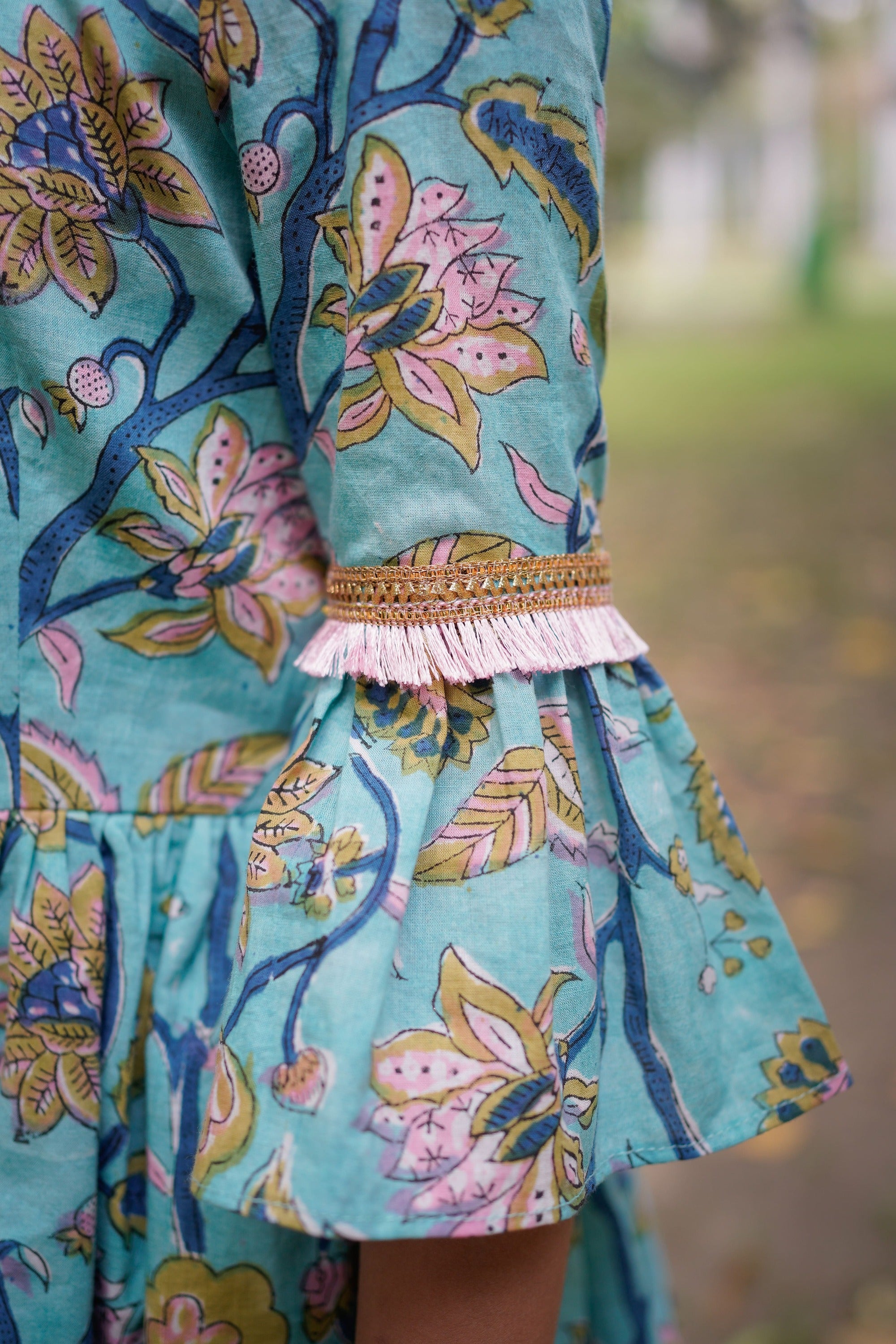 Blue Sanganeri Cold Shoulder Kurta with Pink Salwar and Dupatta