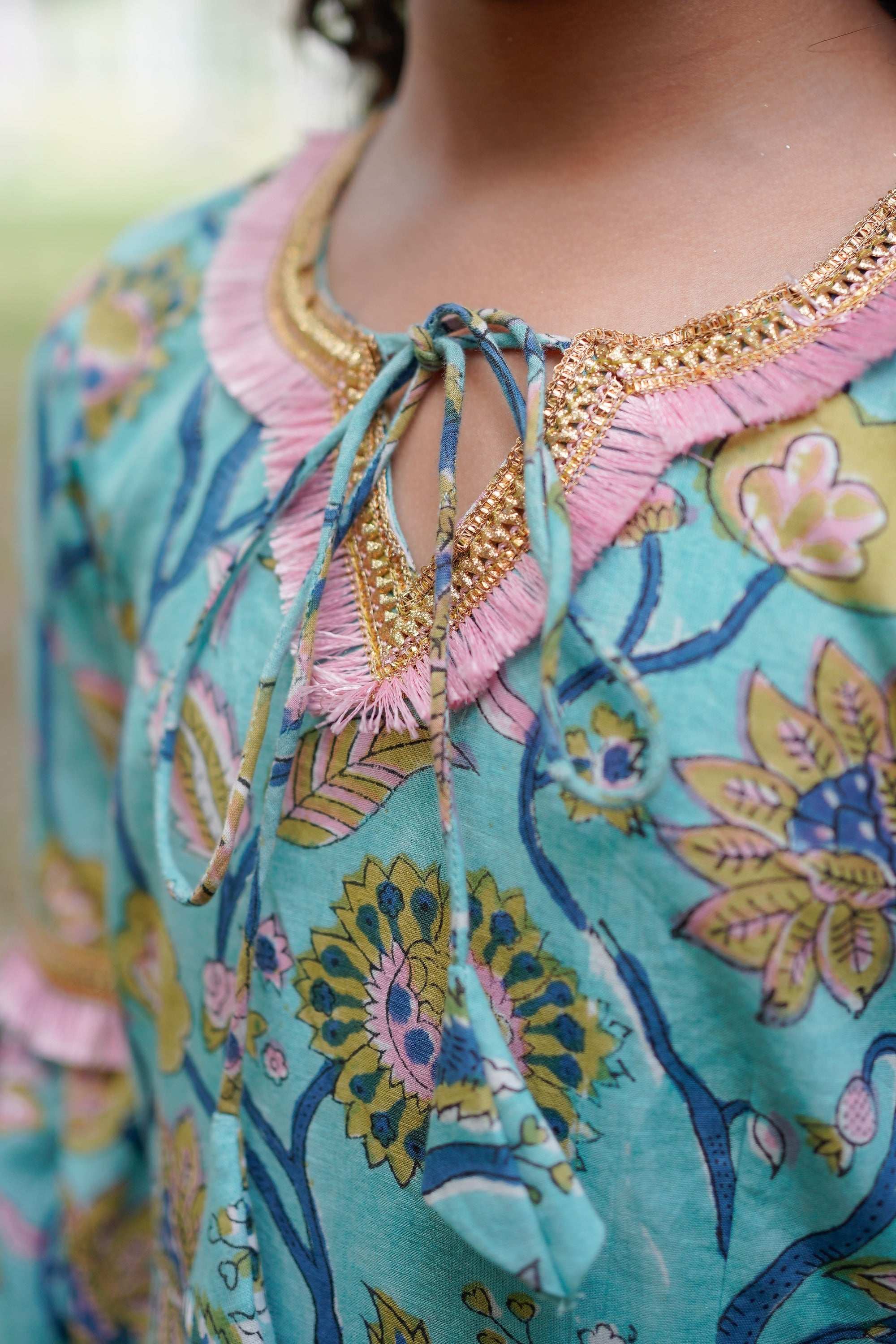Blue Sanganeri Cold Shoulder Kurta with Pink Salwar and Dupatta