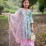 Blue Sanganeri Cold Shoulder Kurta with Pink Salwar and Dupatta