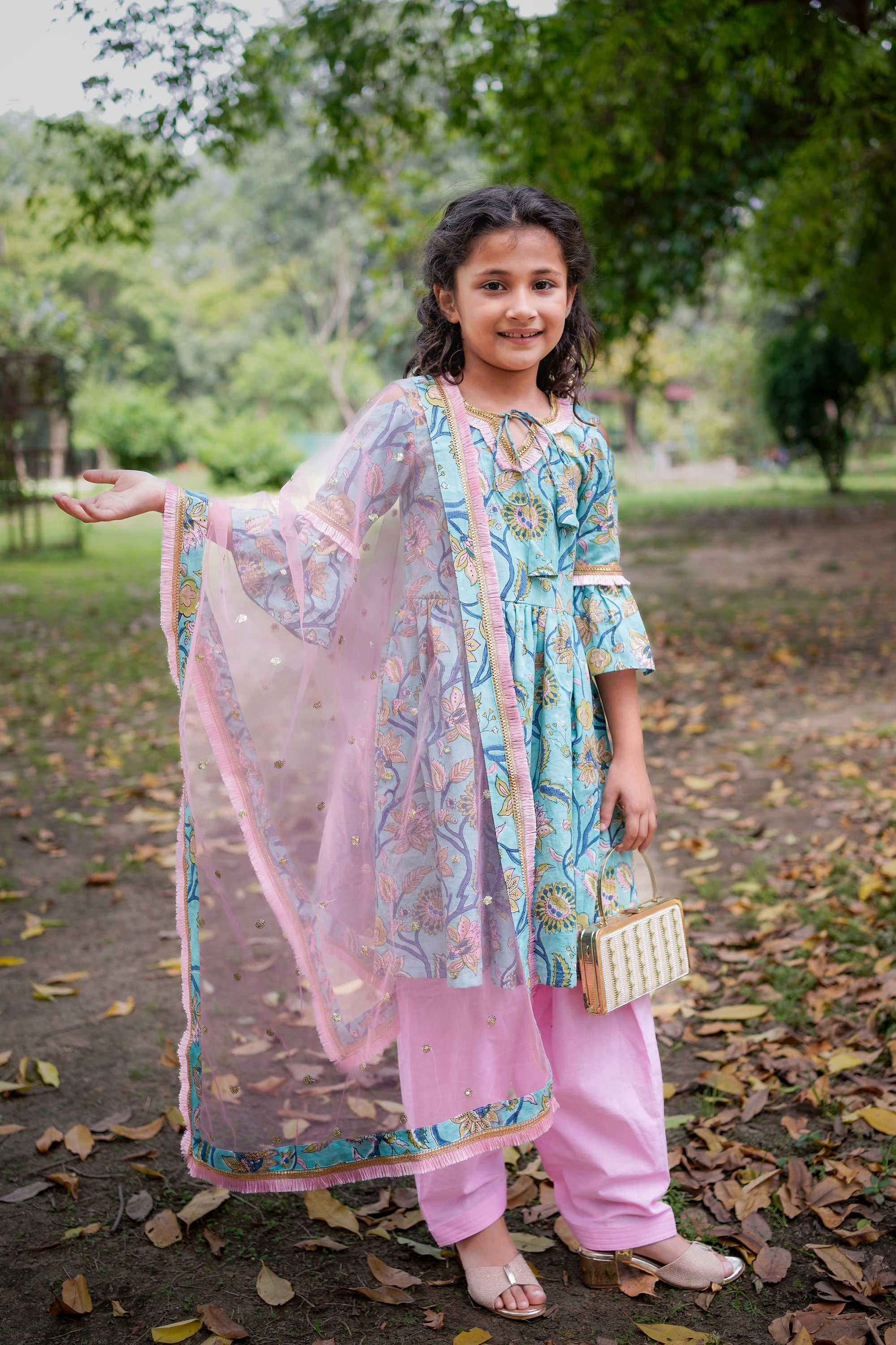 Blue Sanganeri Cold Shoulder Kurta with Pink Salwar and Dupatta