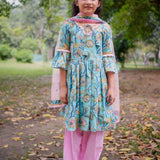 Blue Sanganeri Cold Shoulder Kurta with Pink Salwar and Dupatta