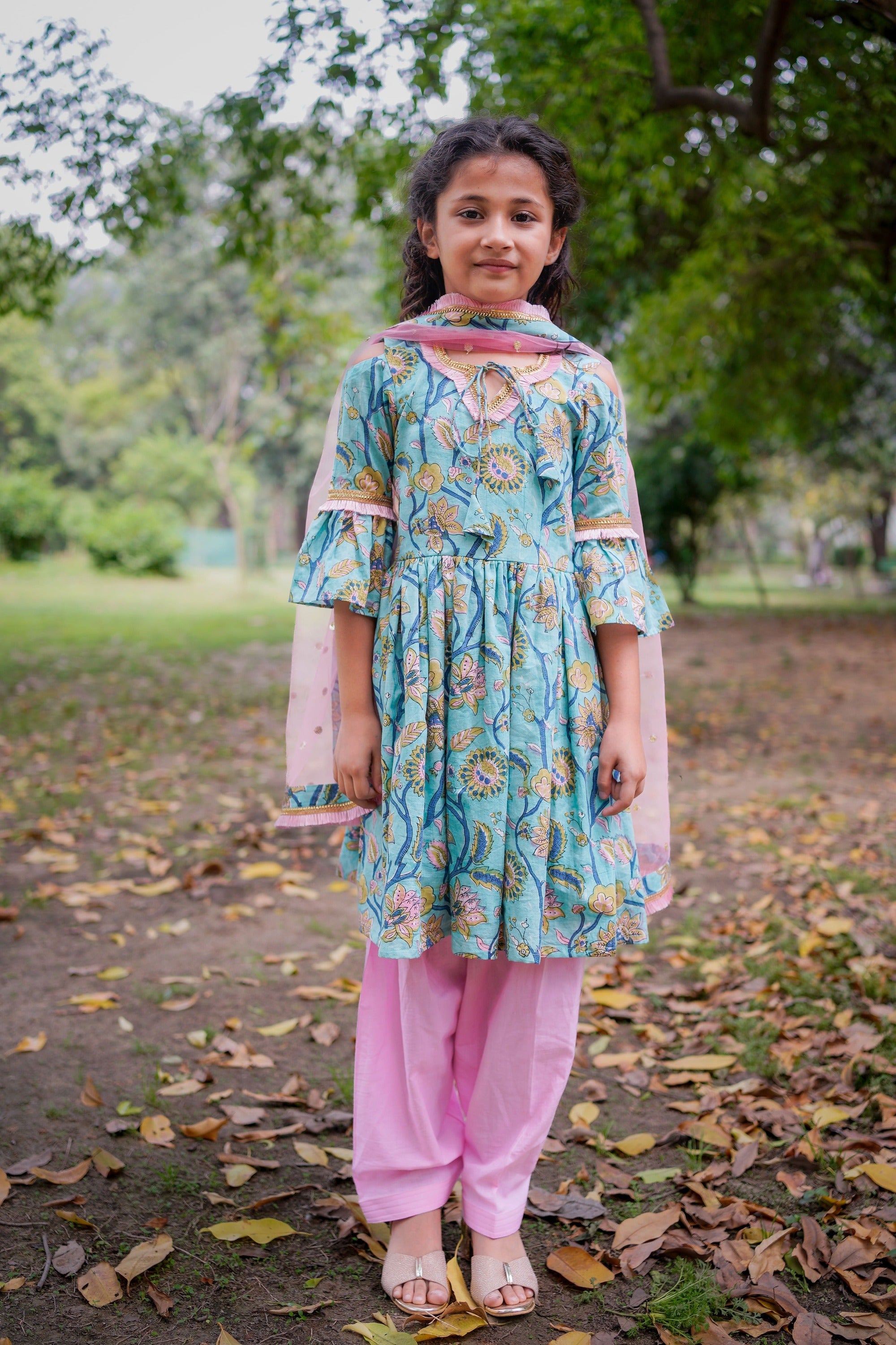 Blue Sanganeri Cold Shoulder Kurta with Pink Salwar and Dupatta