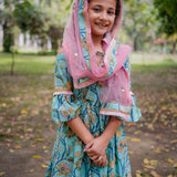 Blue Sanganeri Cold Shoulder Kurta with Pink Salwar and Dupatta