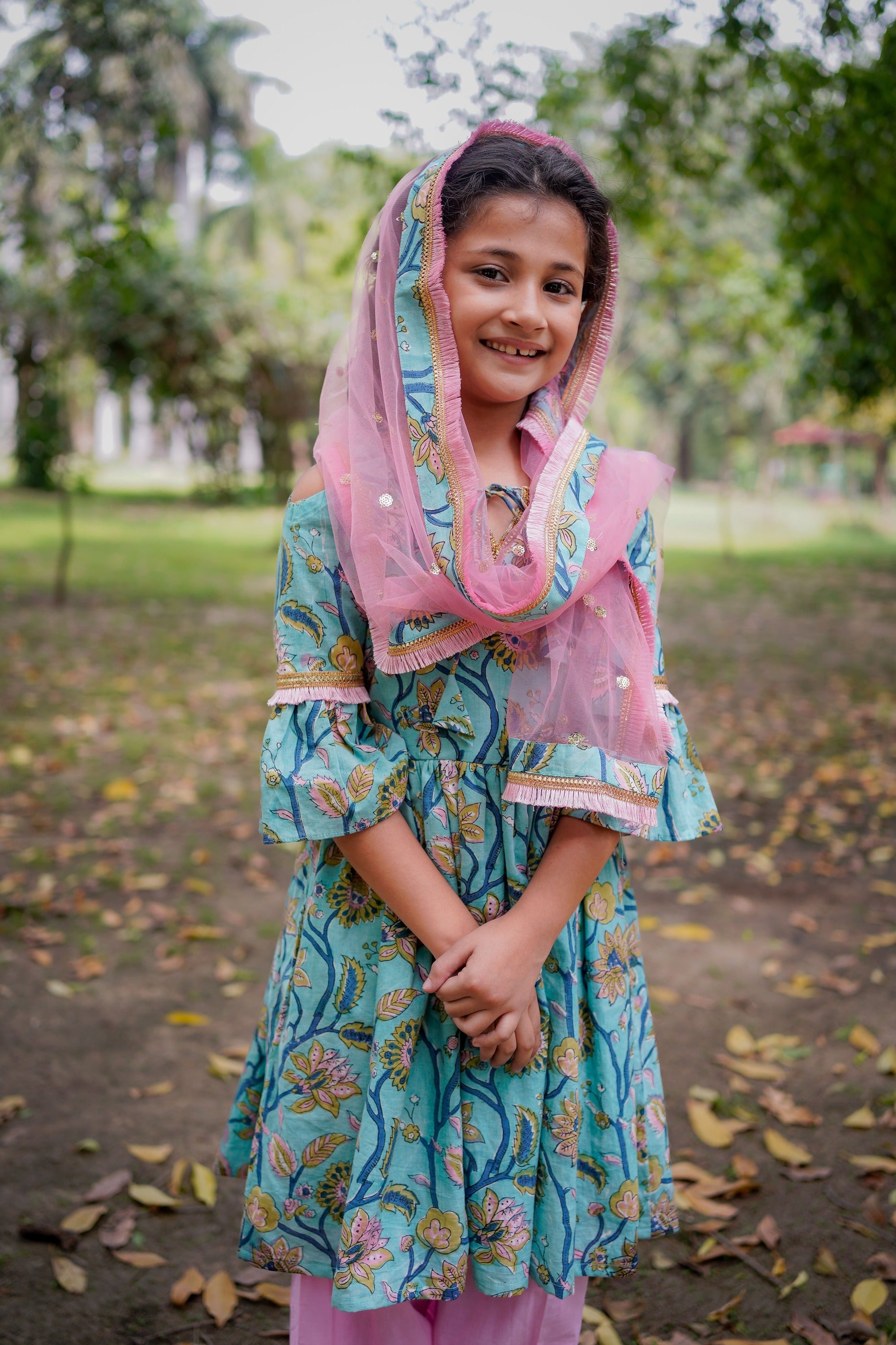 Blue Sanganeri Cold Shoulder Kurta with Pink Salwar and Dupatta