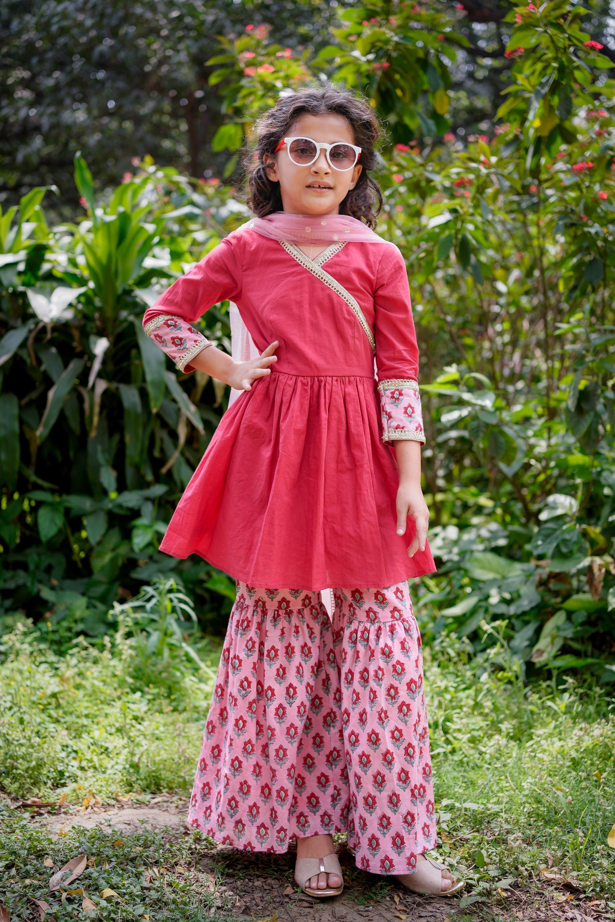 Red & Pink Sanganeri Sharara Set