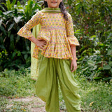 Yellow Booti Hi-lo Peplum Top with Green Dhoti