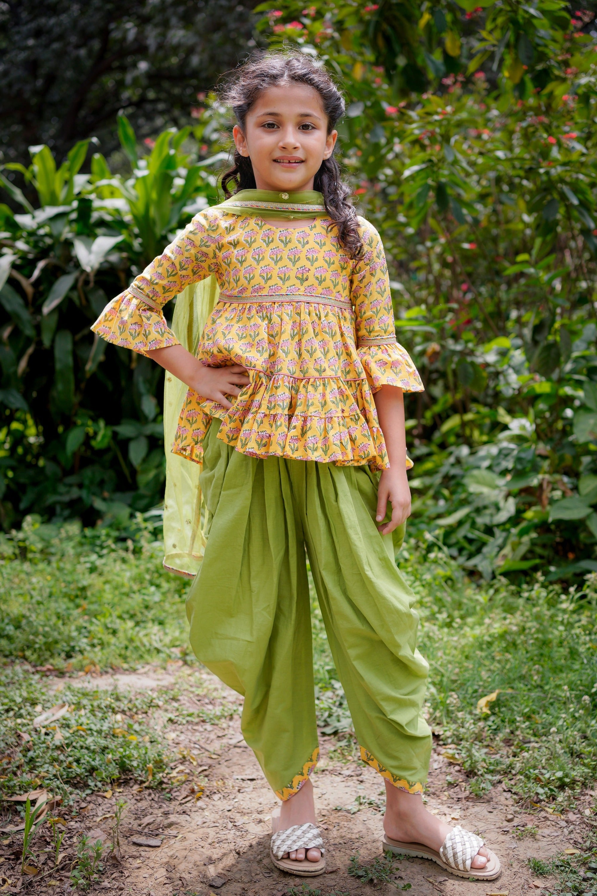 Yellow Booti Hi-lo Peplum Top with Green Dhoti