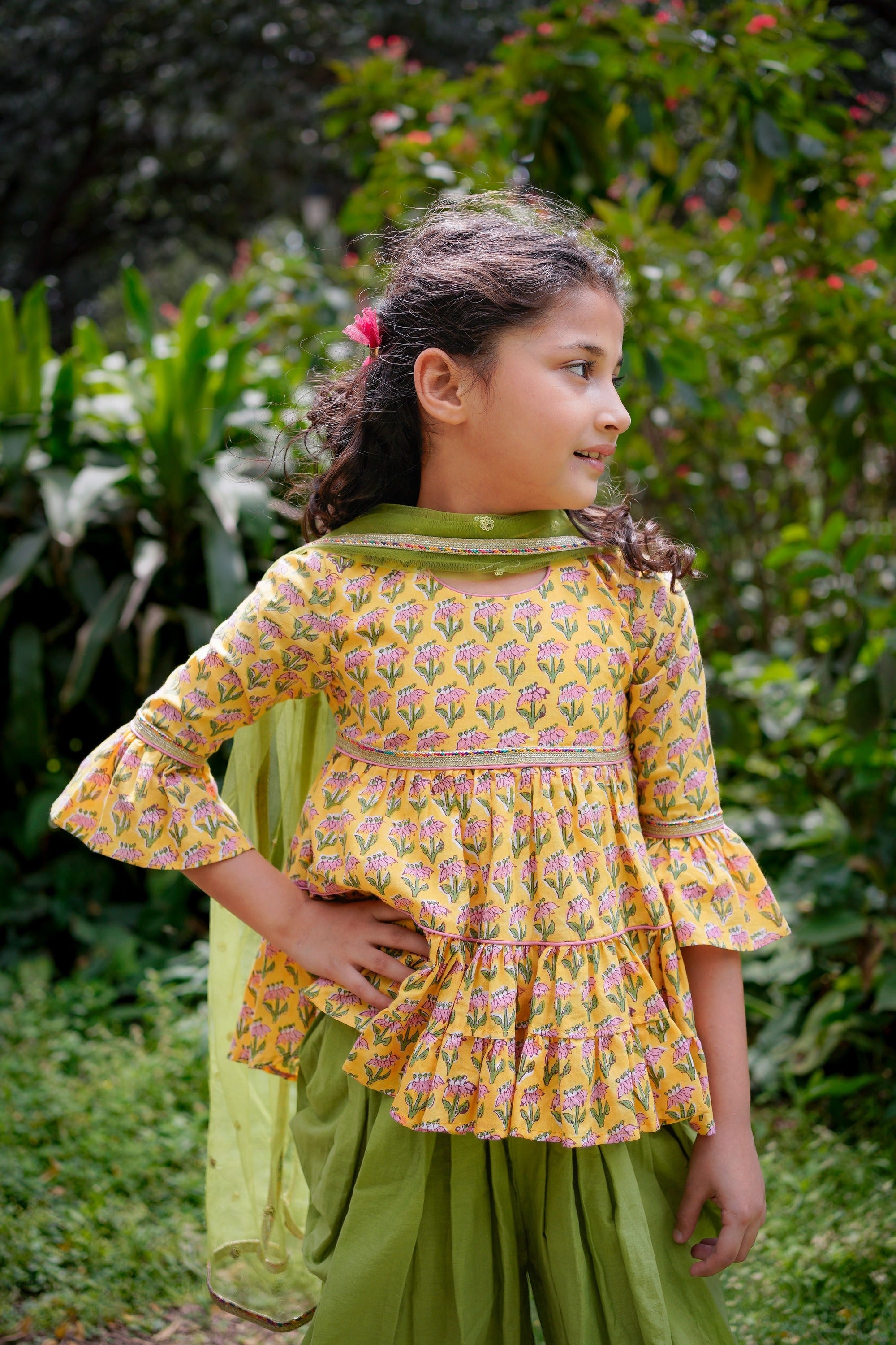 Yellow Booti Hi-lo Peplum Top with Green Dhoti