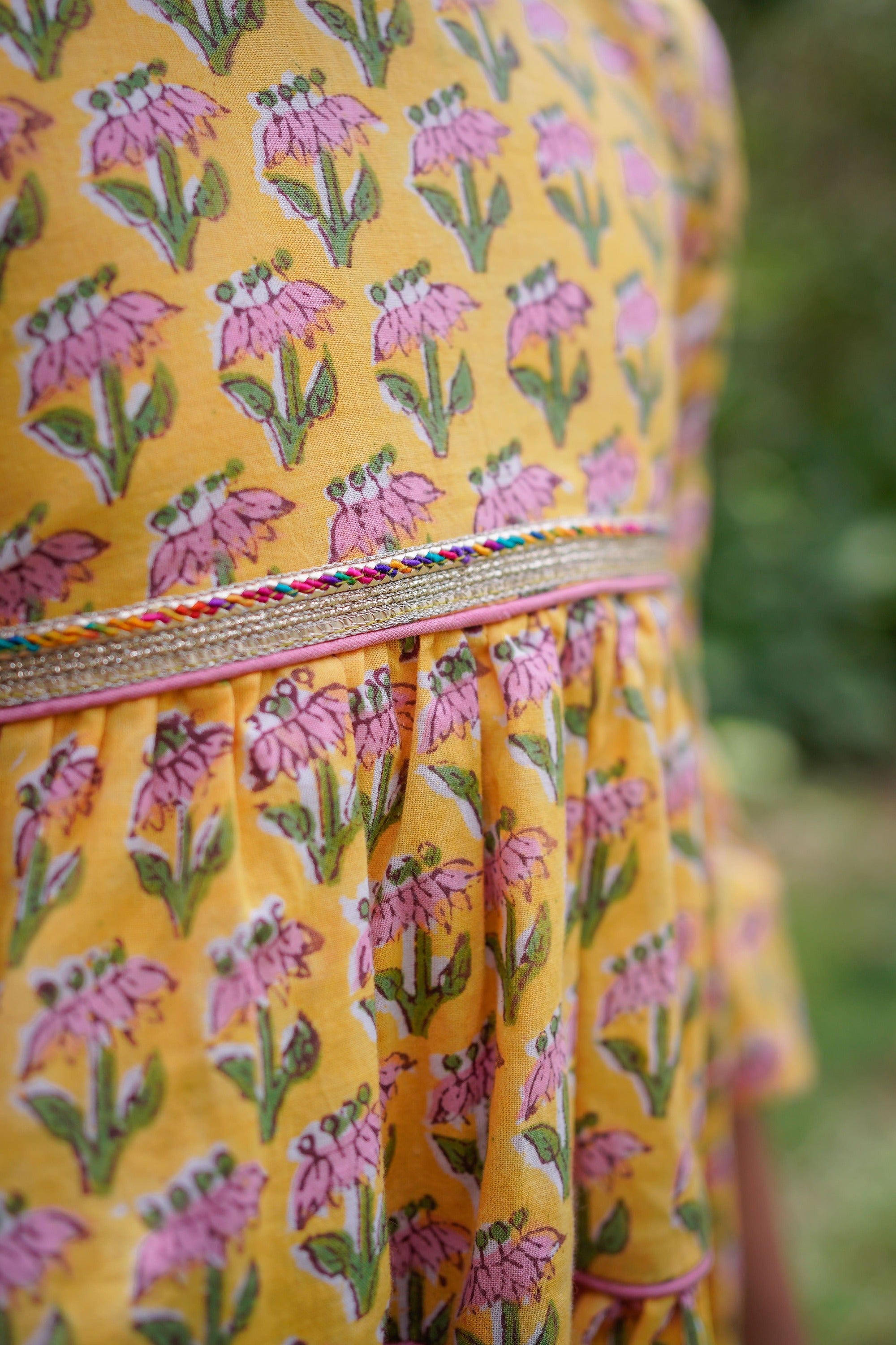 Yellow Booti Hi-lo Peplum Top with Green Dhoti