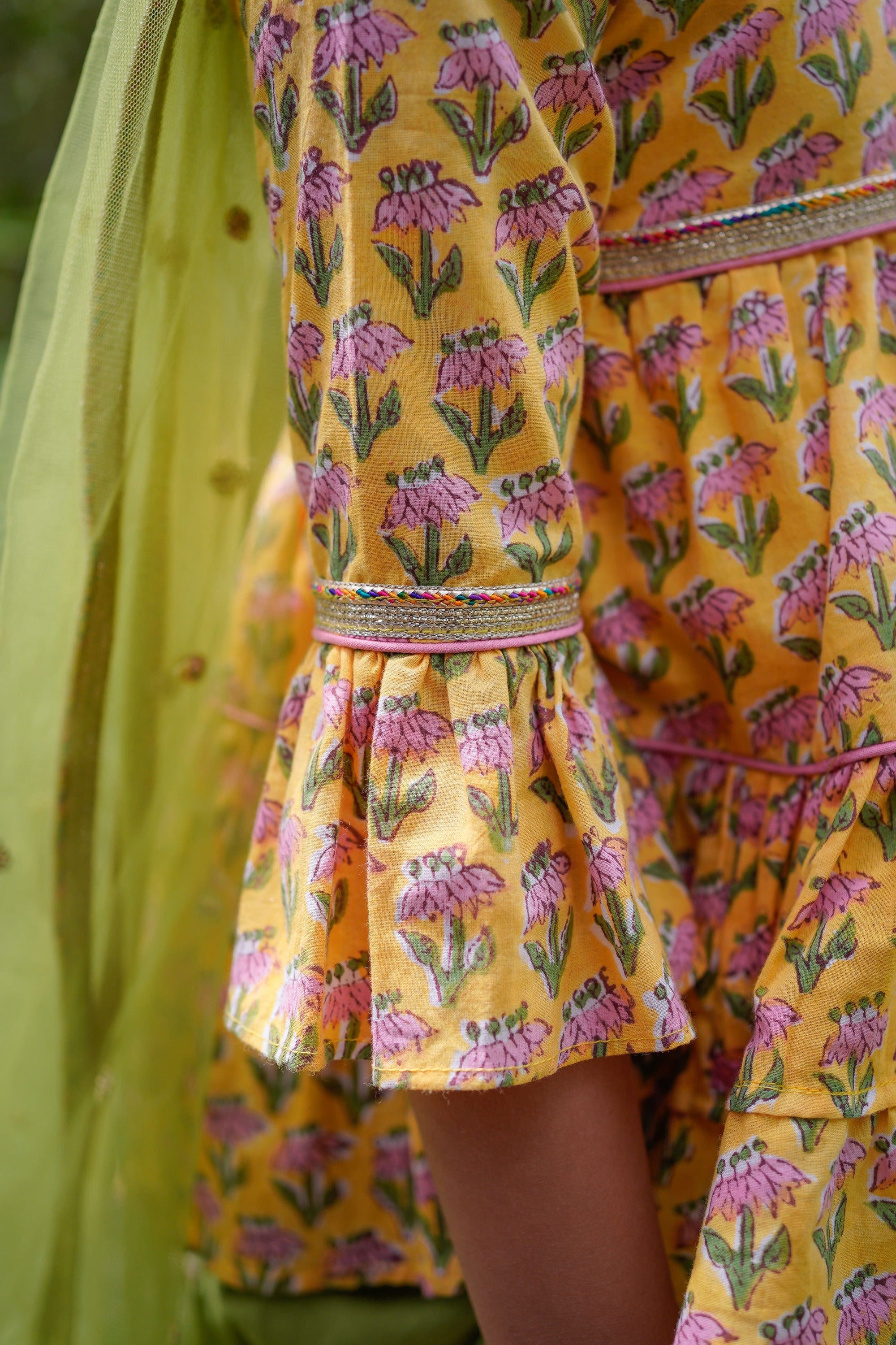 Yellow Booti Hi-lo Peplum Top with Green Dhoti