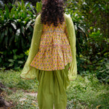 Yellow Booti Hi-lo Peplum Top with Green Dhoti