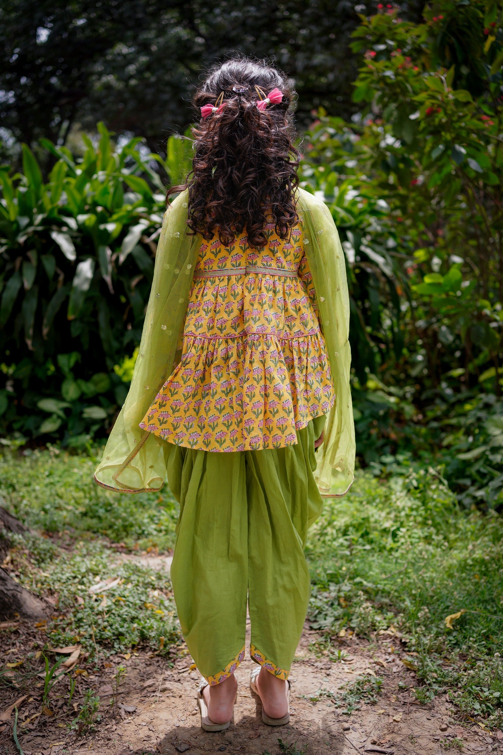 Yellow Booti Hi-lo Peplum Top with Green Dhoti