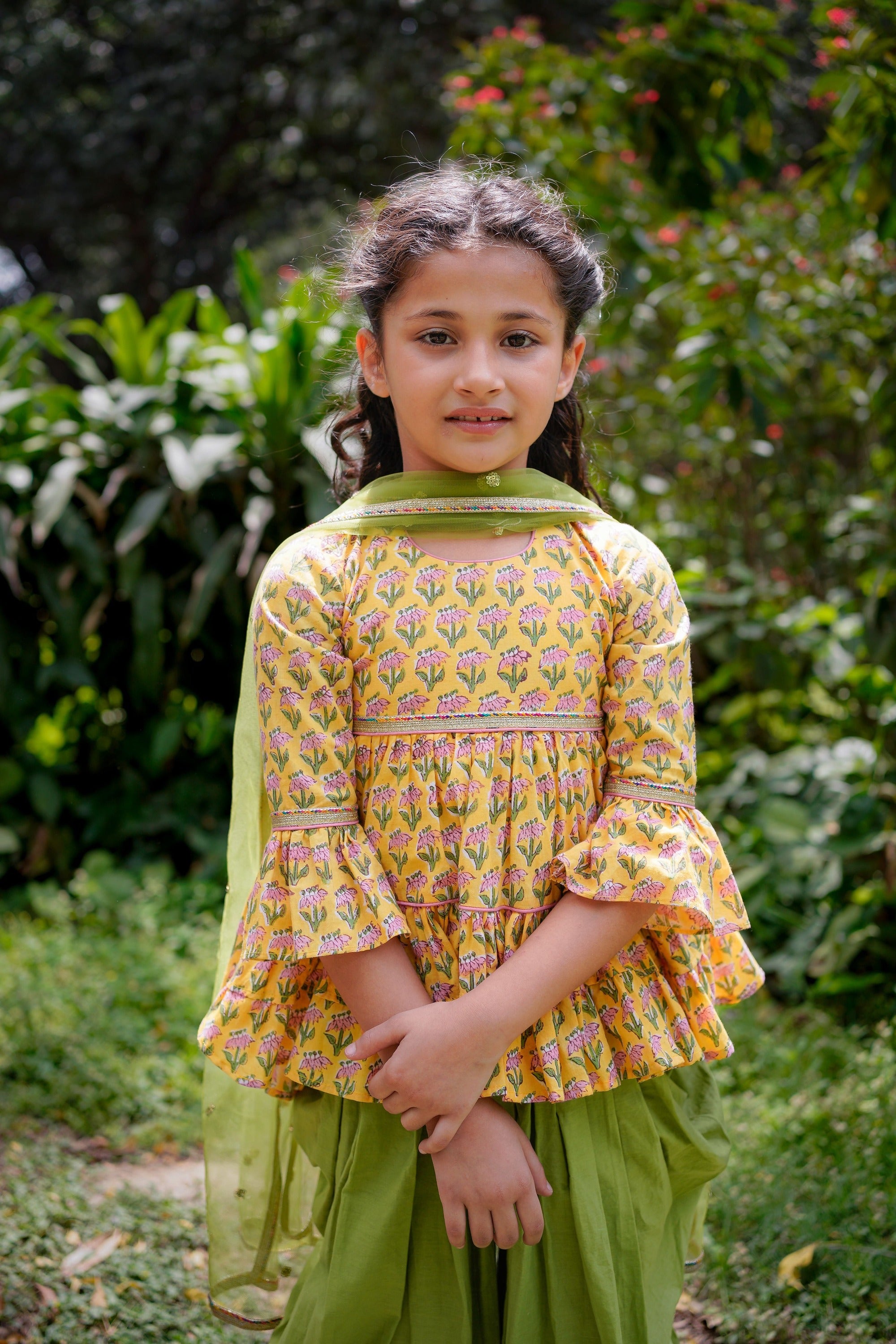 Yellow Booti Hi-lo Peplum Top with Green Dhoti