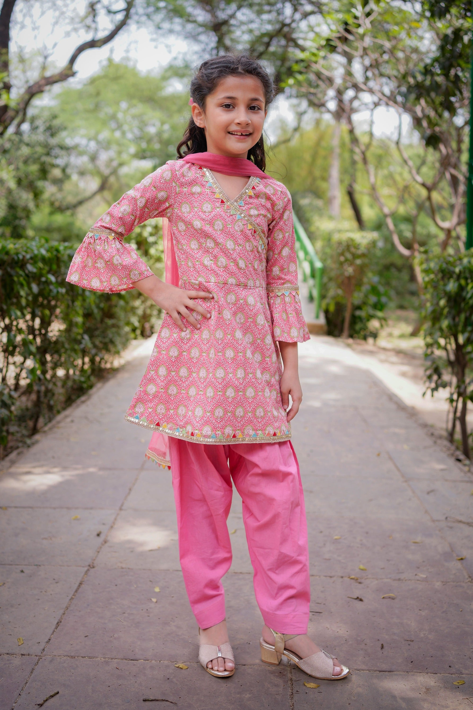 Pink Sanganeri Angrakha Cotton Suit